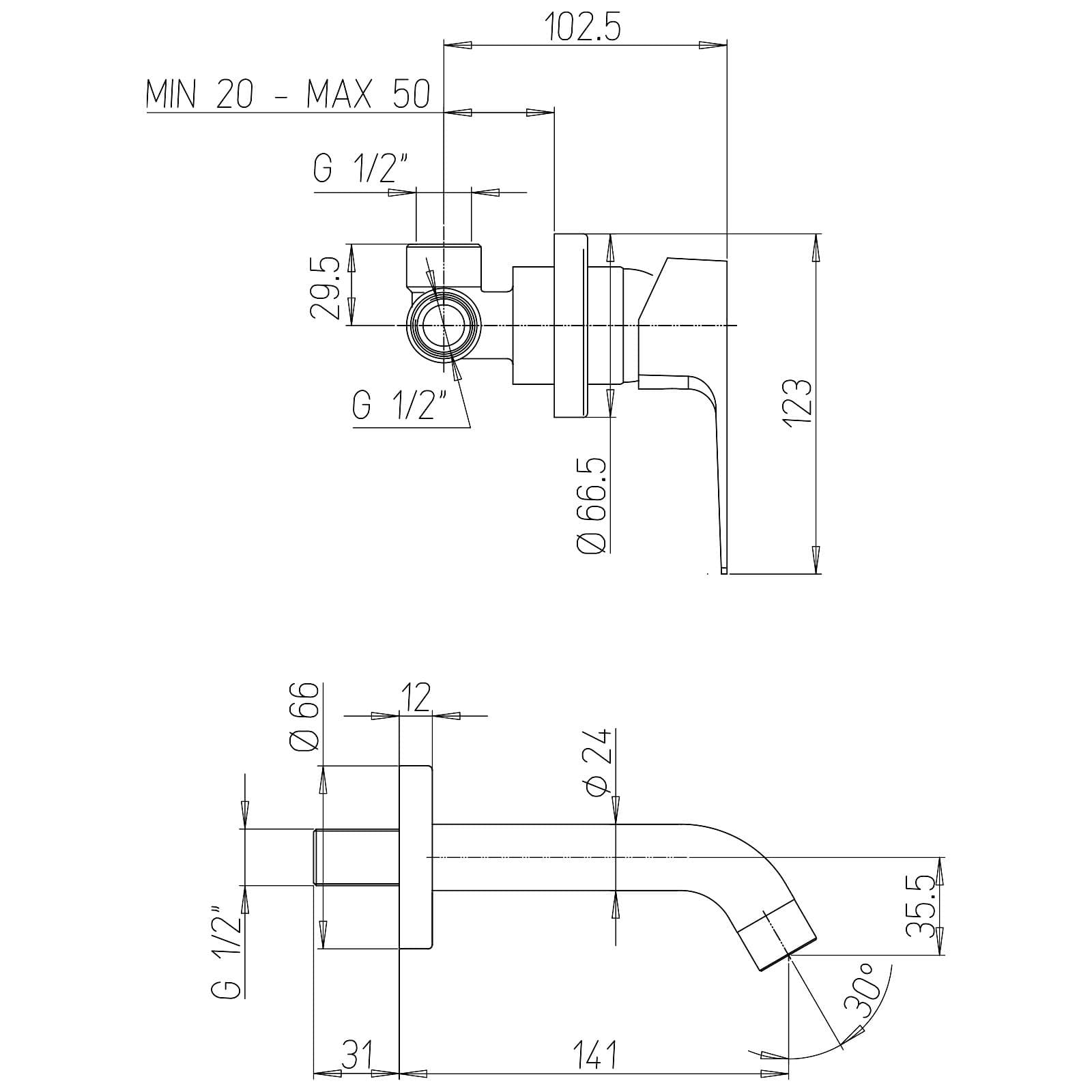 Miscelatore a muro canna 14 cm cromato - Inca di Jacuzzi - Rubinetteria