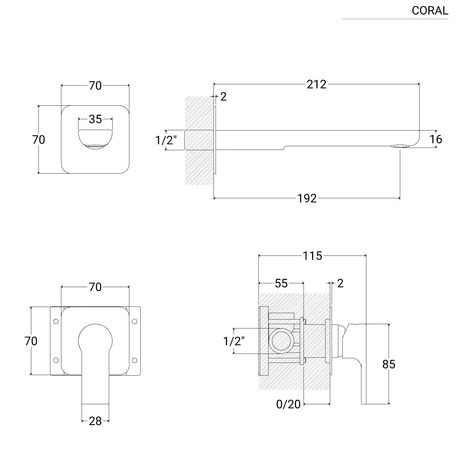 Miscelatore lavabo a muro canna 19 cm nero opaco - Coral
