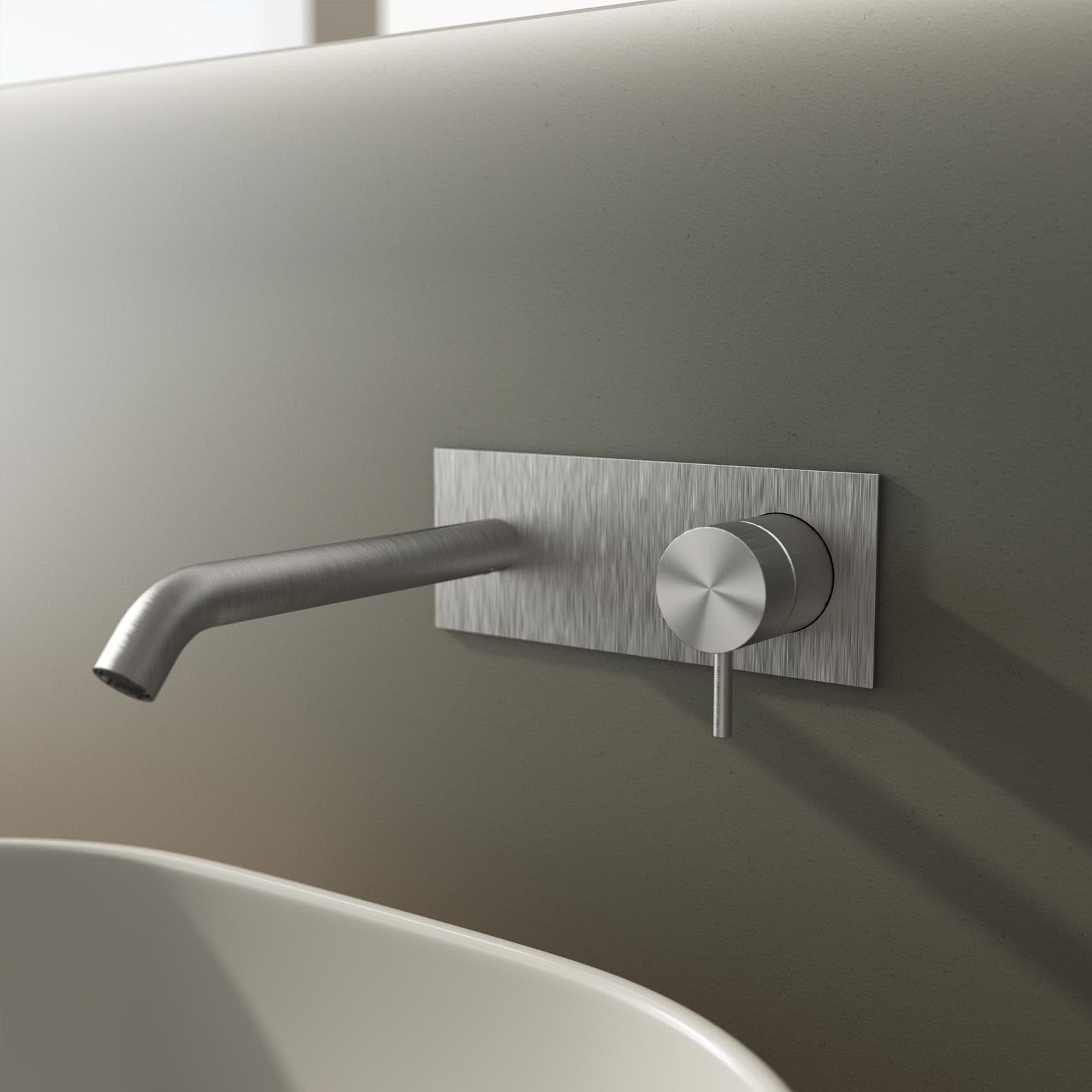Miscelatore lavabo a muro canna 20 cm con piastra in acciaio inox 316 satinato – Pure