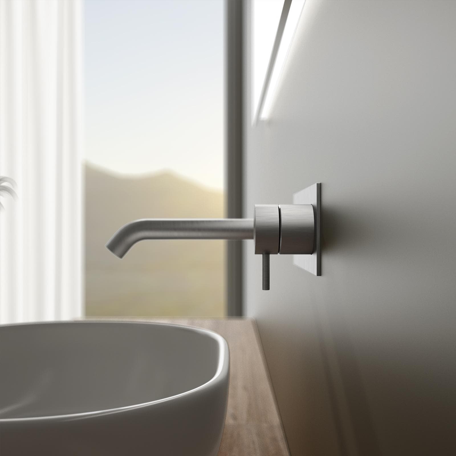 Miscelatore lavabo a muro canna 20 cm con piastra in acciaio inox 316 satinato – Pure