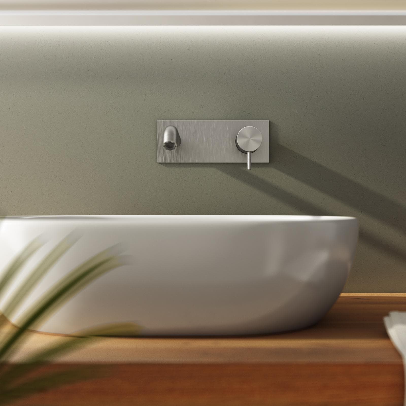 Miscelatore lavabo a muro canna 20 cm con piastra in acciaio inox 316 satinato – Pure