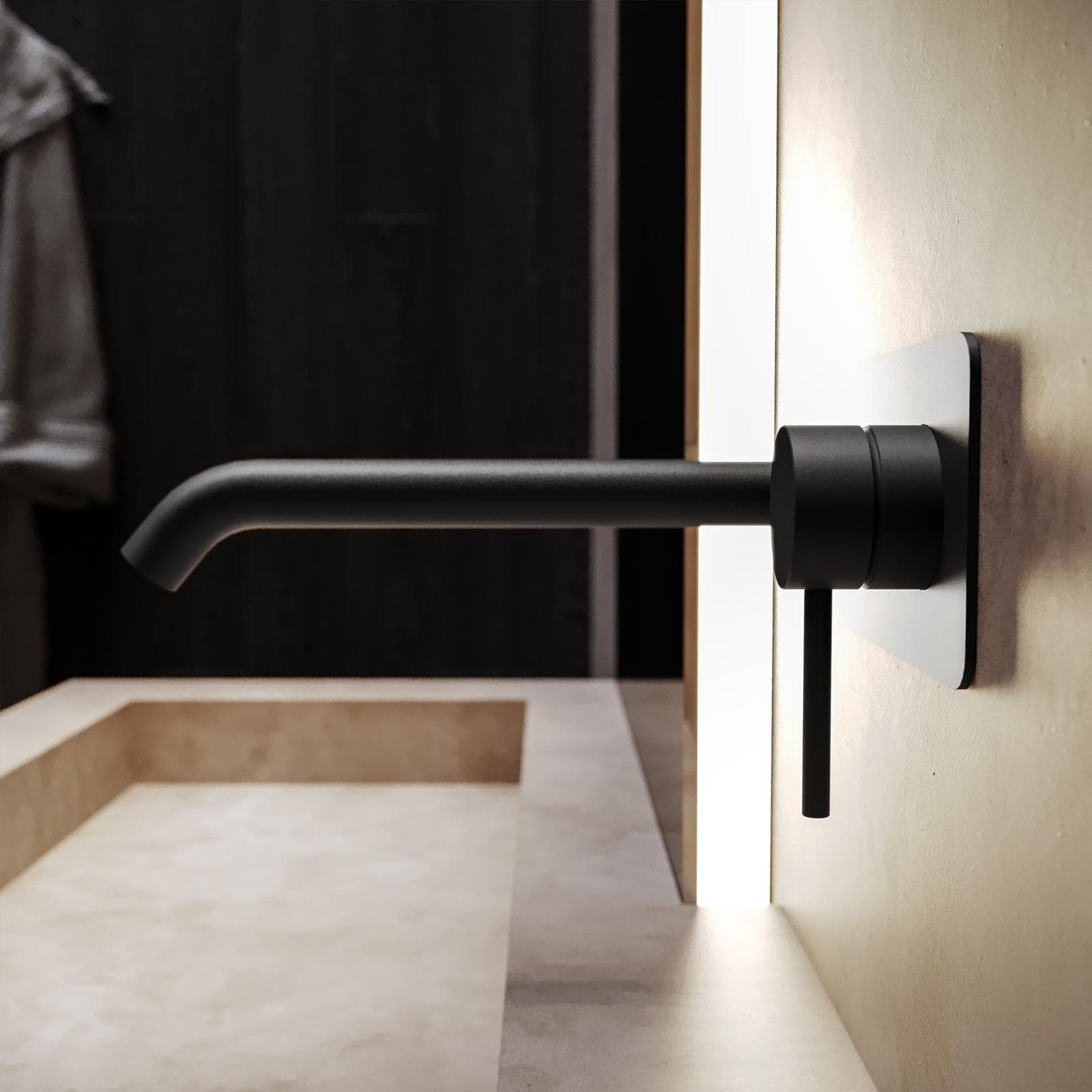 Miscelatore lavabo a muro canna 20 cm con piastra nero opaco – Ran