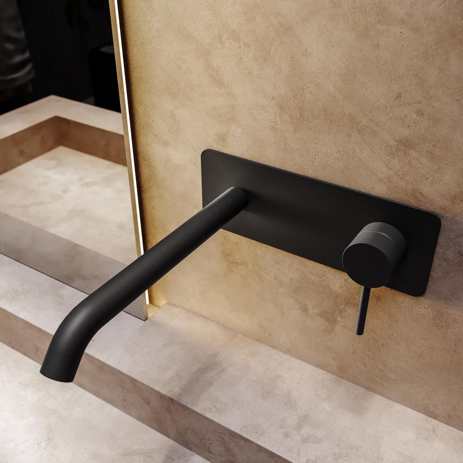 Miscelatore lavabo a muro canna 20 cm con piastra nero opaco – Ran