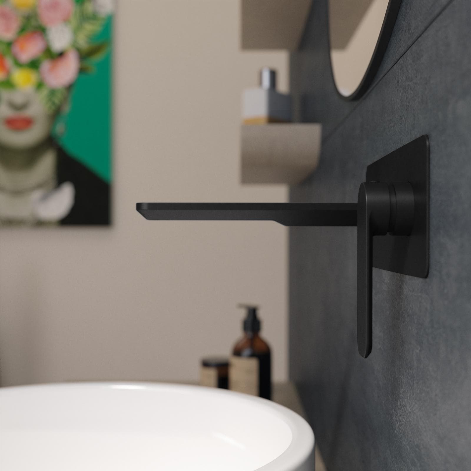 Miscelatore lavabo a muro canna 20 cm con piastra nero opaco – Fusion