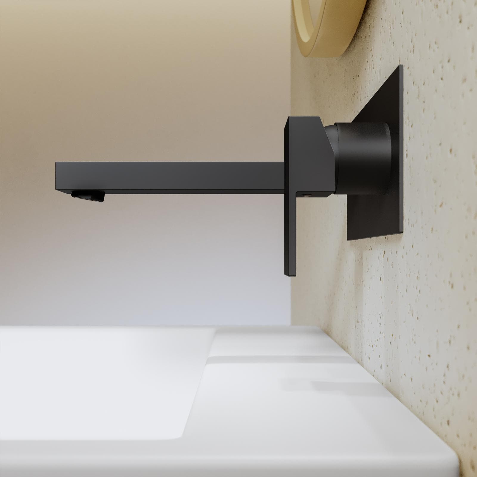Miscelatore lavabo a muro canna 20 cm con piastra nero opaco – Kyria
