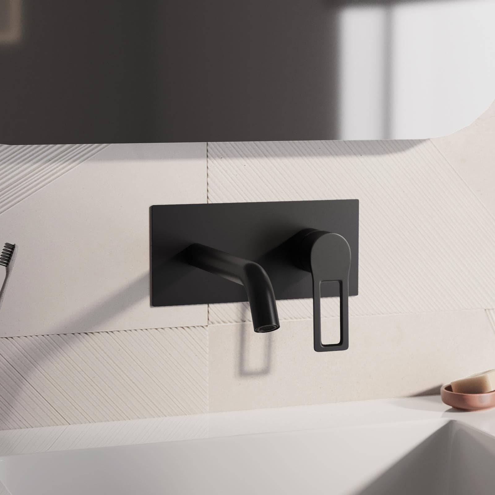 Miscelatore lavabo a muro canna 20 cm con piastra nero opaco – Ketra