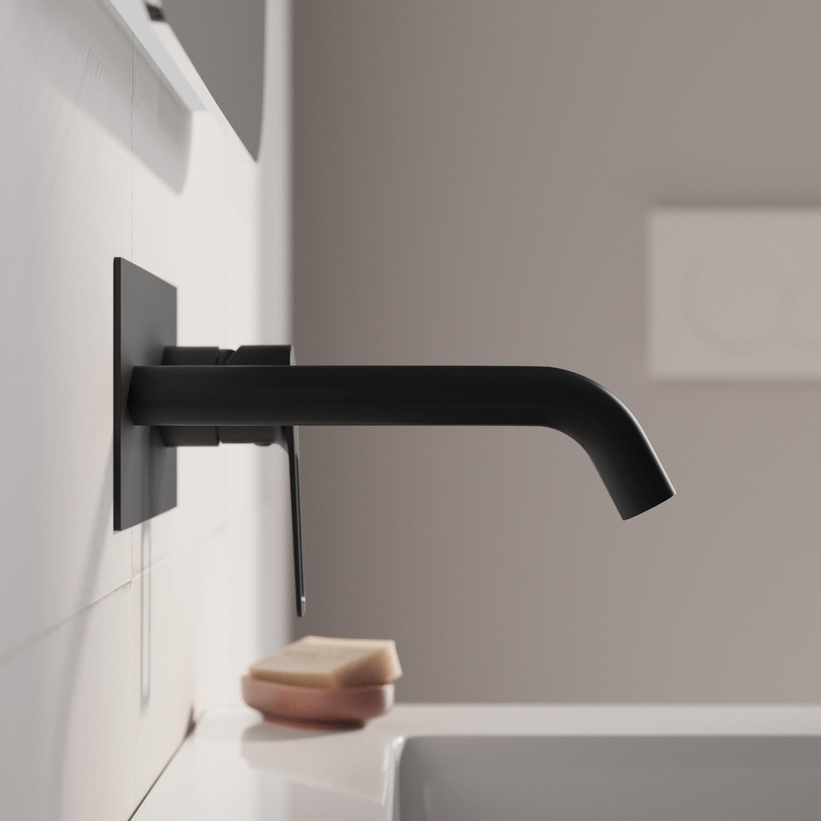 Miscelatore lavabo a muro canna 20 cm con piastra nero opaco – Ketra