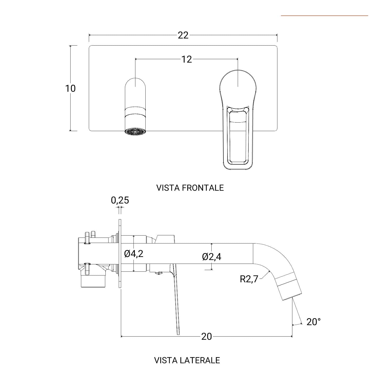 Miscelatore lavabo a muro canna 20 cm con piastra nero opaco – Ketra