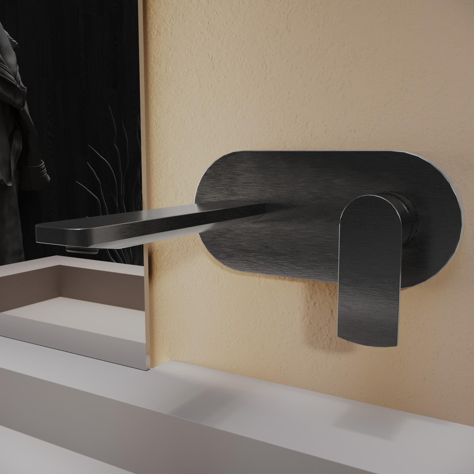 Miscelatore lavabo a muro canna 20 cm con piastra nero spazzolato anti-impronta - Fluid