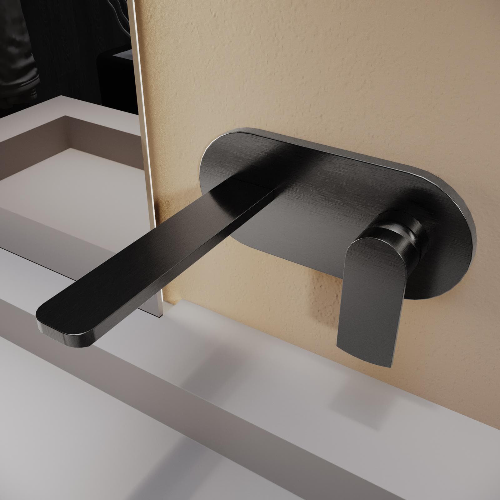 Miscelatore lavabo a muro canna 20 cm con piastra nero spazzolato anti-impronta - Fluid