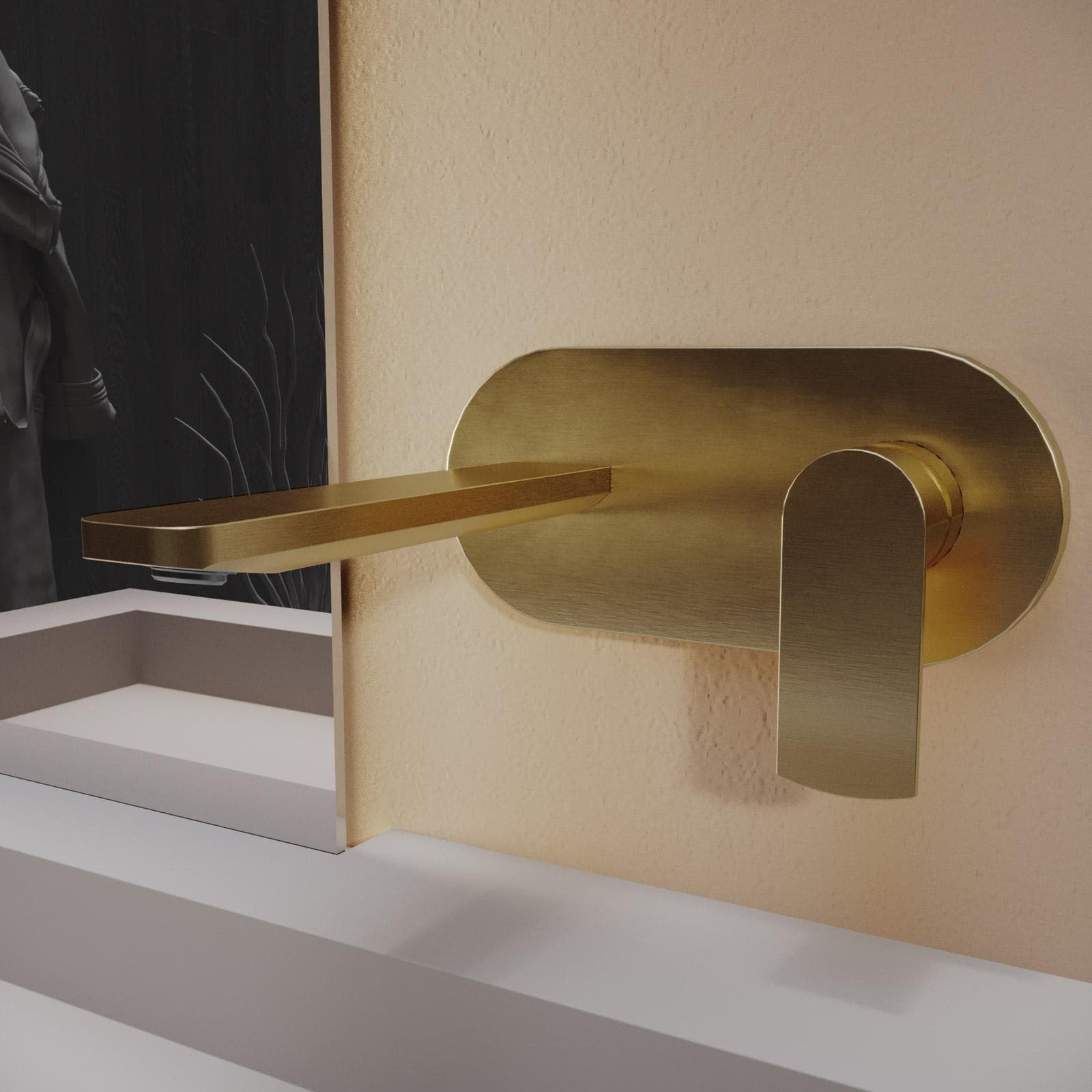 Miscelatore lavabo a muro canna 20 cm con piastra oro spazzolato anti-impronta - Fluid