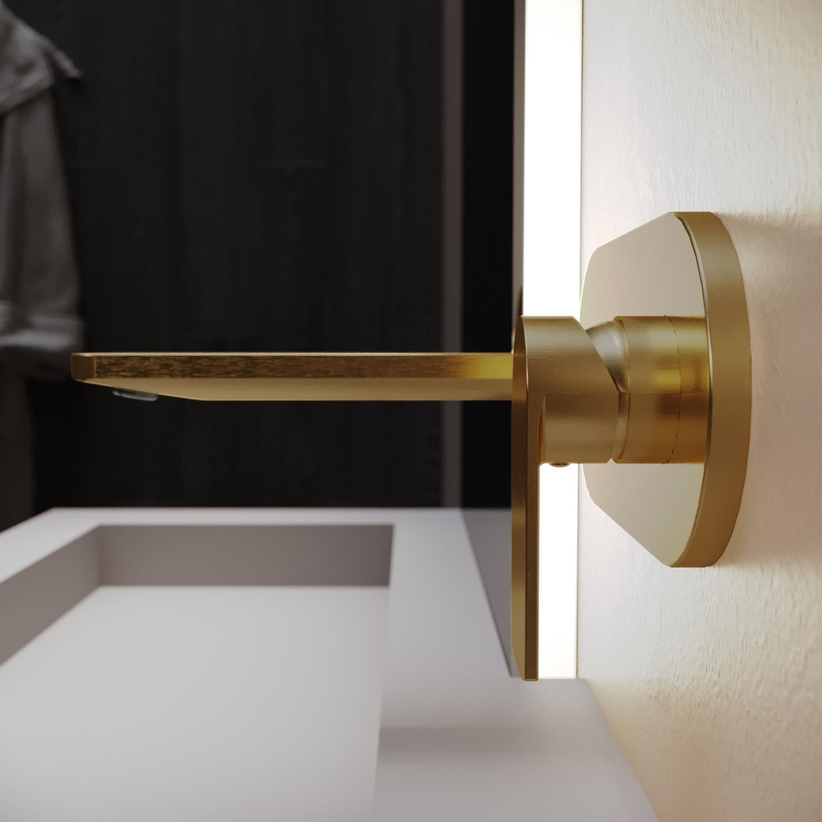 Miscelatore lavabo a muro canna 20 cm con piastra oro spazzolato anti-impronta - Fluid