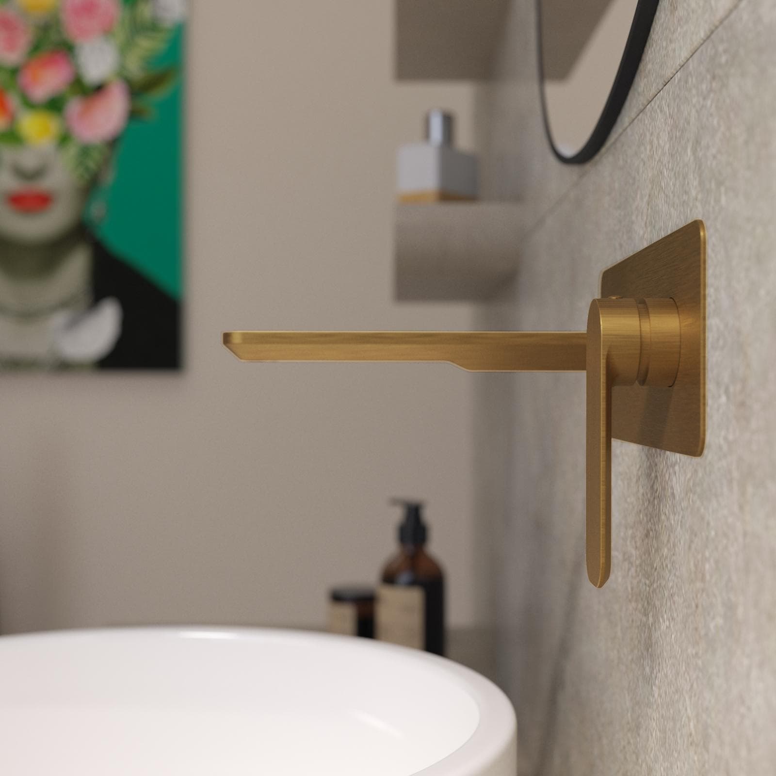 Miscelatore lavabo a muro canna 20 cm con piastra oro spazzolato anti-impronta - Fusion