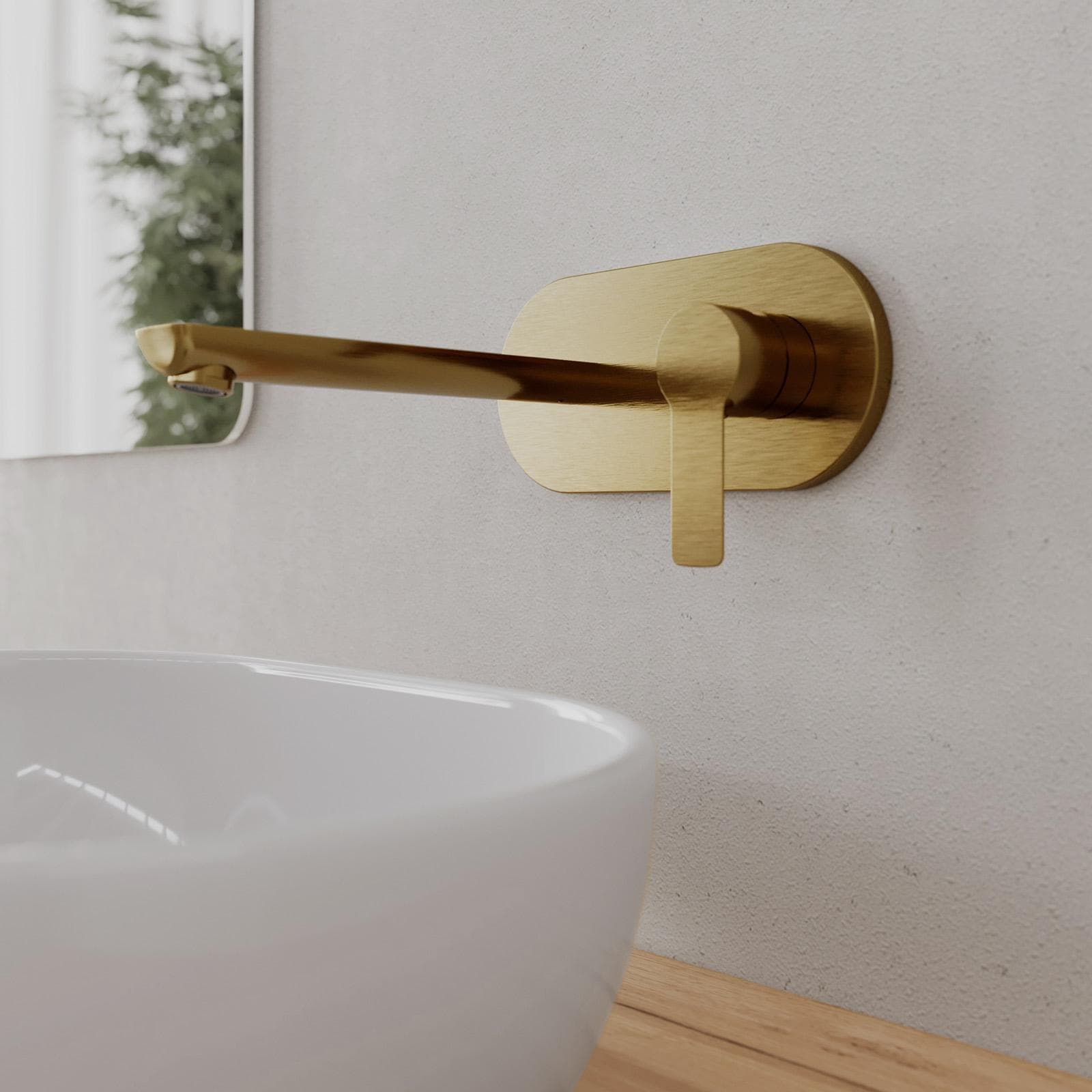 Miscelatore lavabo a muro canna 20 cm con piastra oro spazzolato anti-impronta - Key