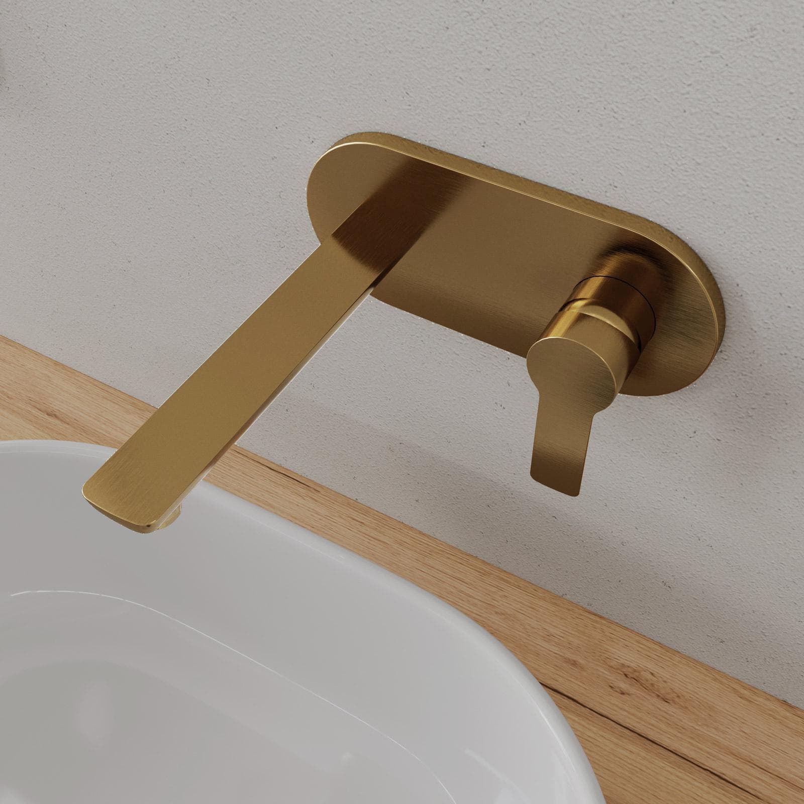 Miscelatore lavabo a muro canna 20 cm con piastra oro spazzolato anti-impronta - Key