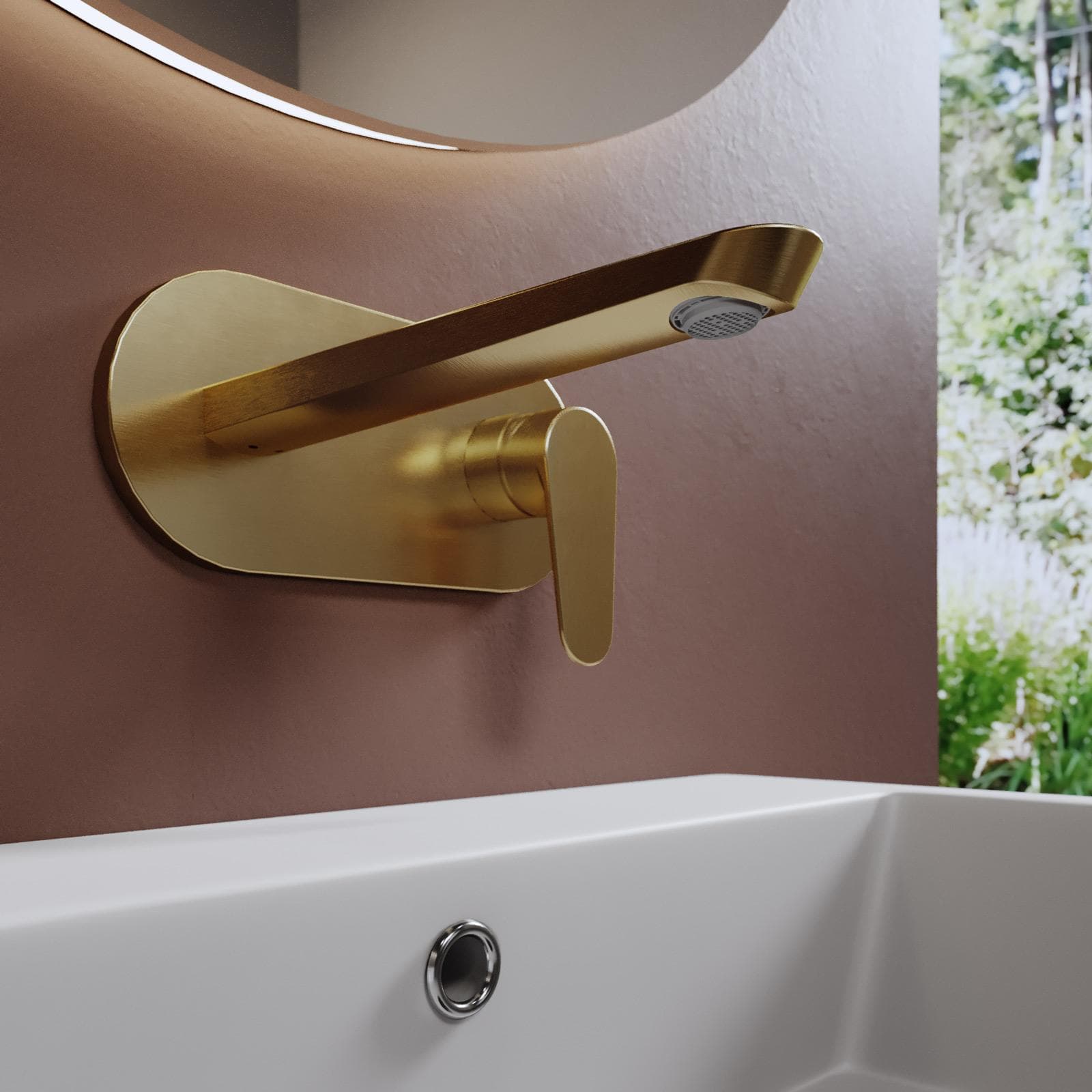 Miscelatore lavabo a muro canna 20 cm con piastra oro spazzolato anti-impronta - Lir