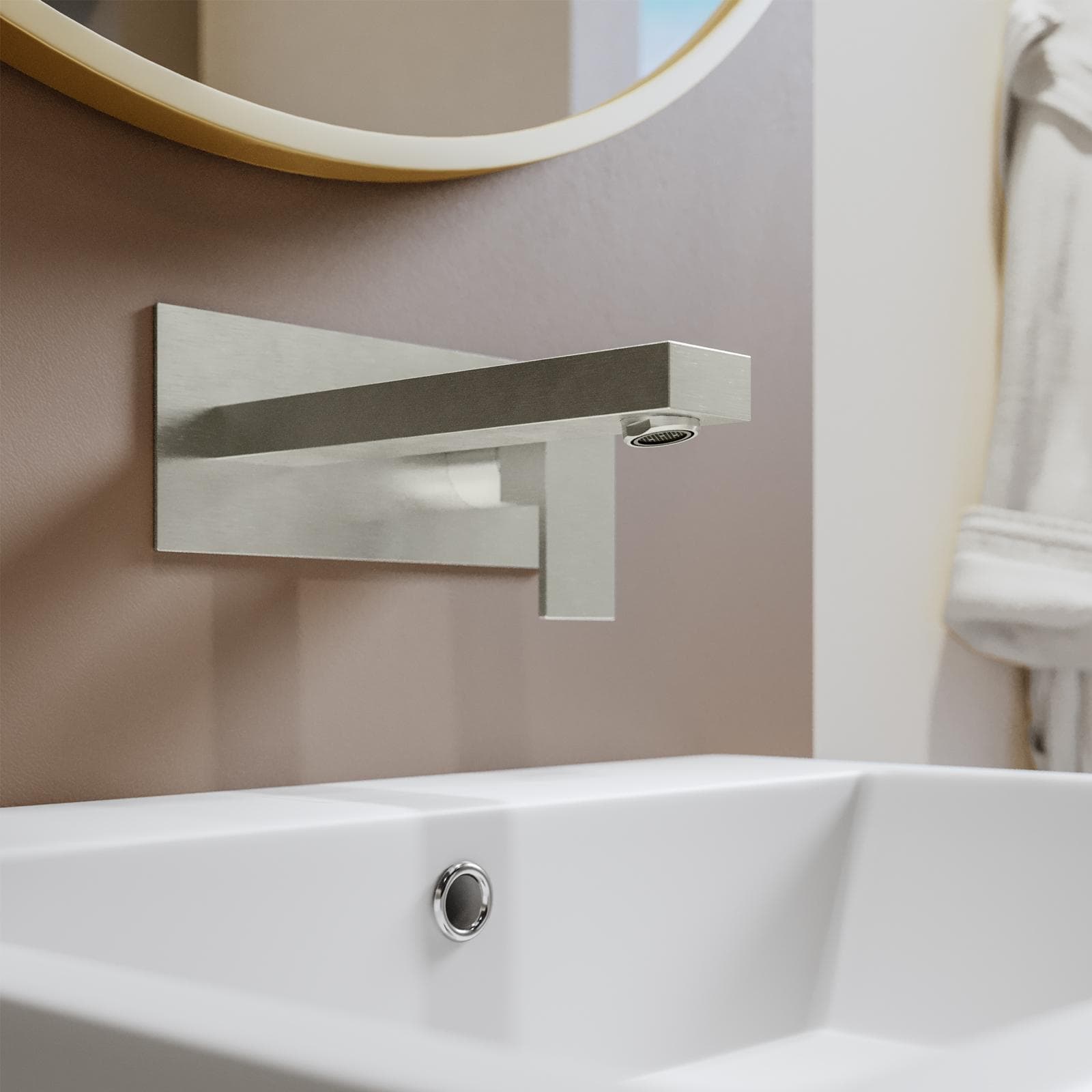 Miscelatore lavabo a muro canna 20 cm con piastra spazzolato – Kyria