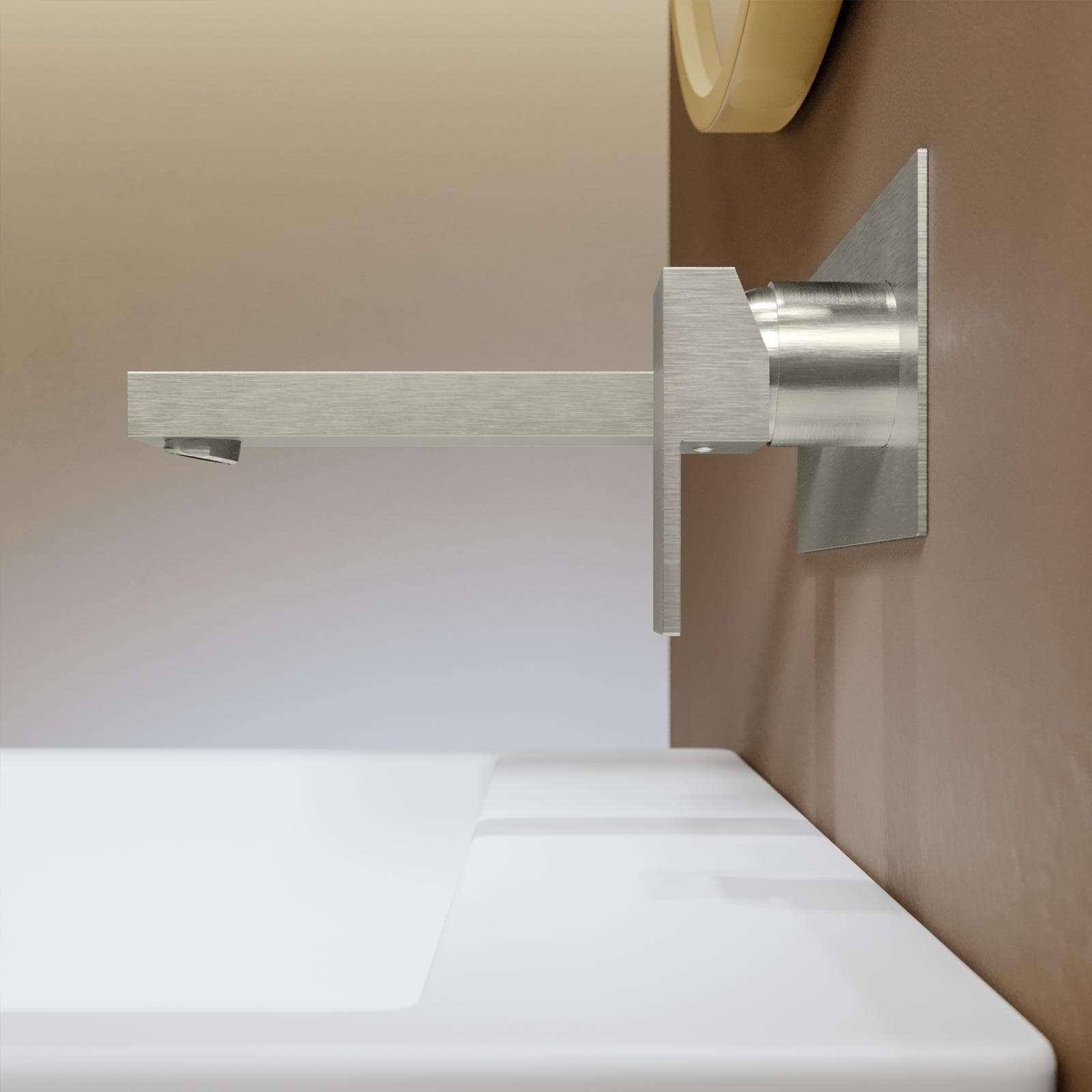Miscelatore lavabo a muro canna 20 cm con piastra spazzolato – Kyria