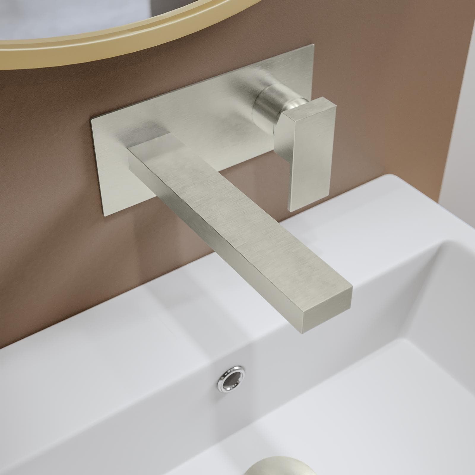 Miscelatore lavabo a muro canna 20 cm con piastra spazzolato – Kyria
