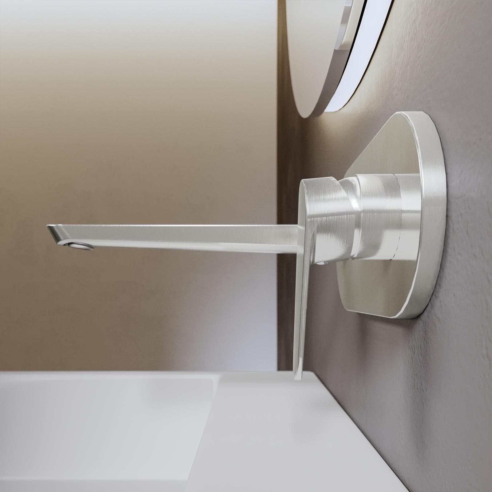 Miscelatore lavabo a muro canna 20 cm con piastra spazzolato – Lir