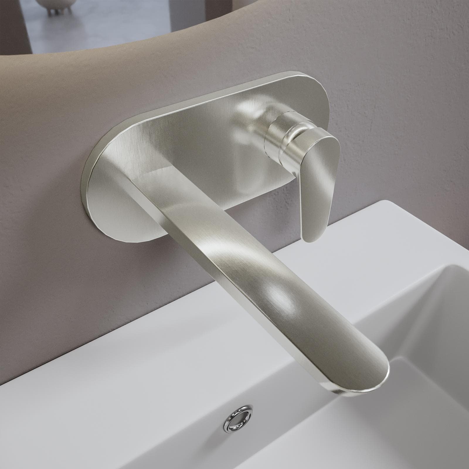 Miscelatore lavabo a muro canna 20 cm con piastra spazzolato – Lir