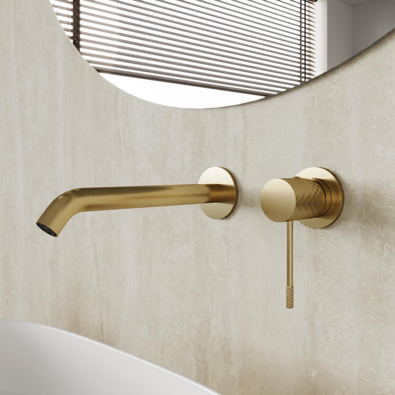 Miscelatore lavabo a muro canna 20 cm oro spazzolato anti-impronta - Fear