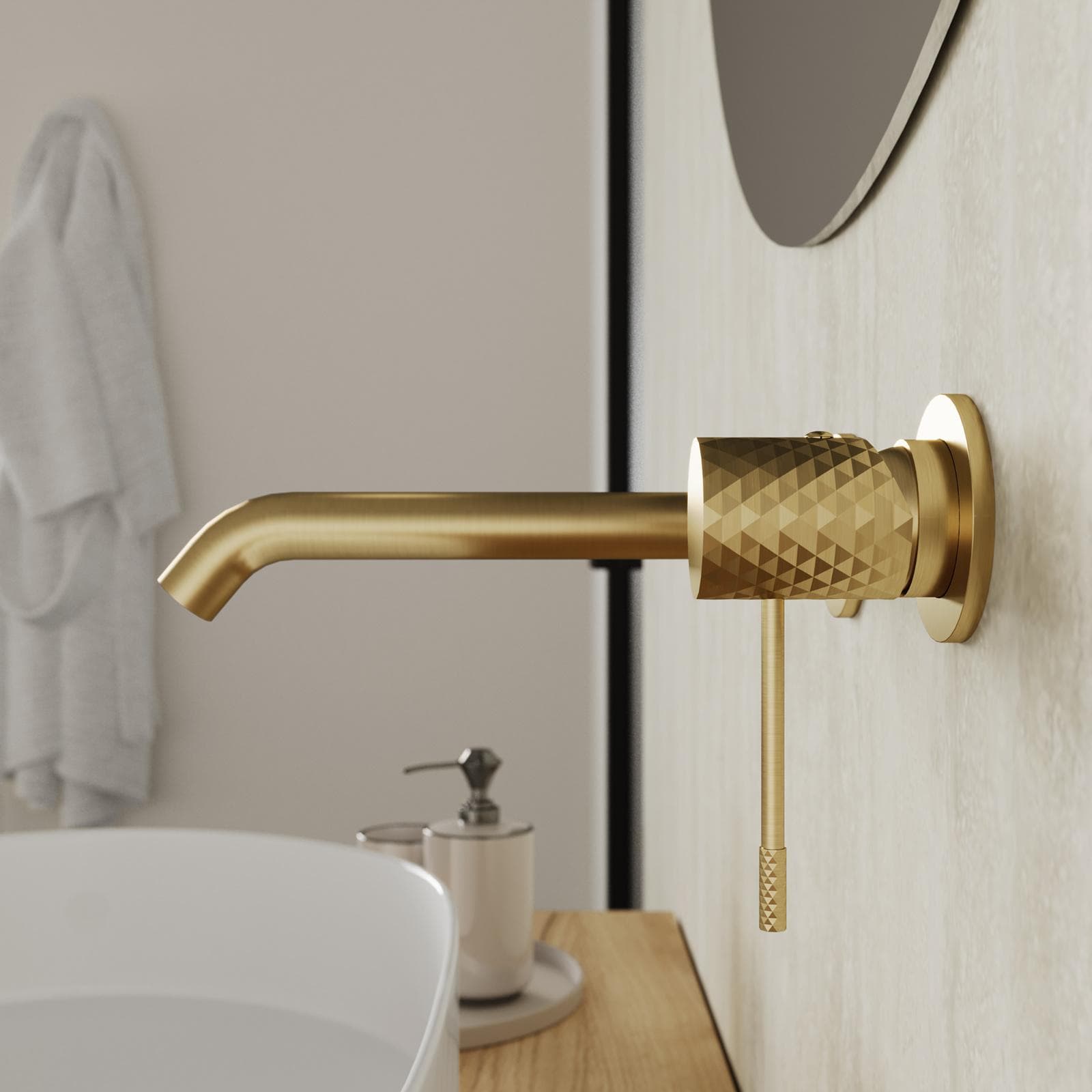 Miscelatore lavabo a muro canna 20 cm oro spazzolato anti-impronta - Fear