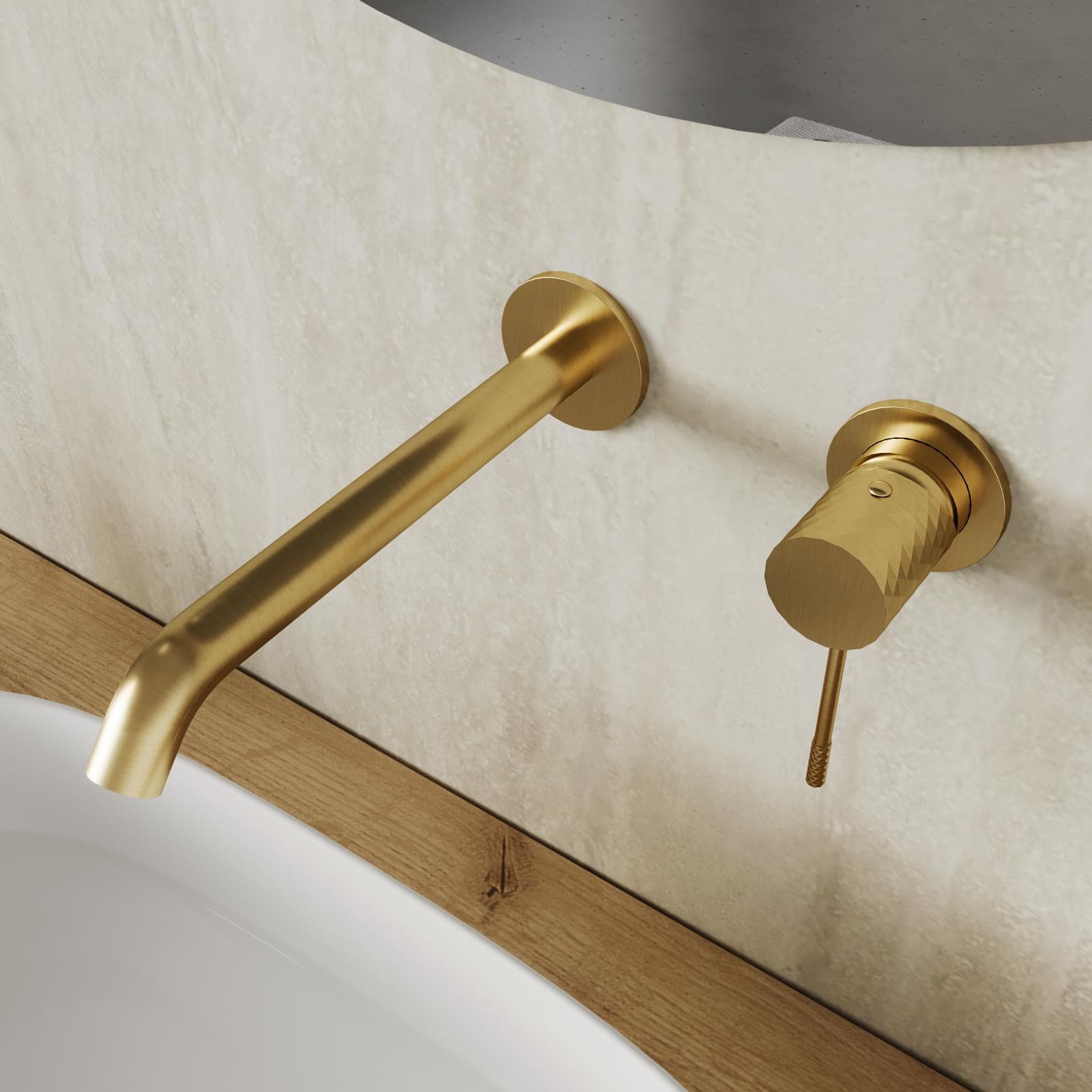 Miscelatore lavabo a muro canna 20 cm oro spazzolato anti-impronta - Fear
