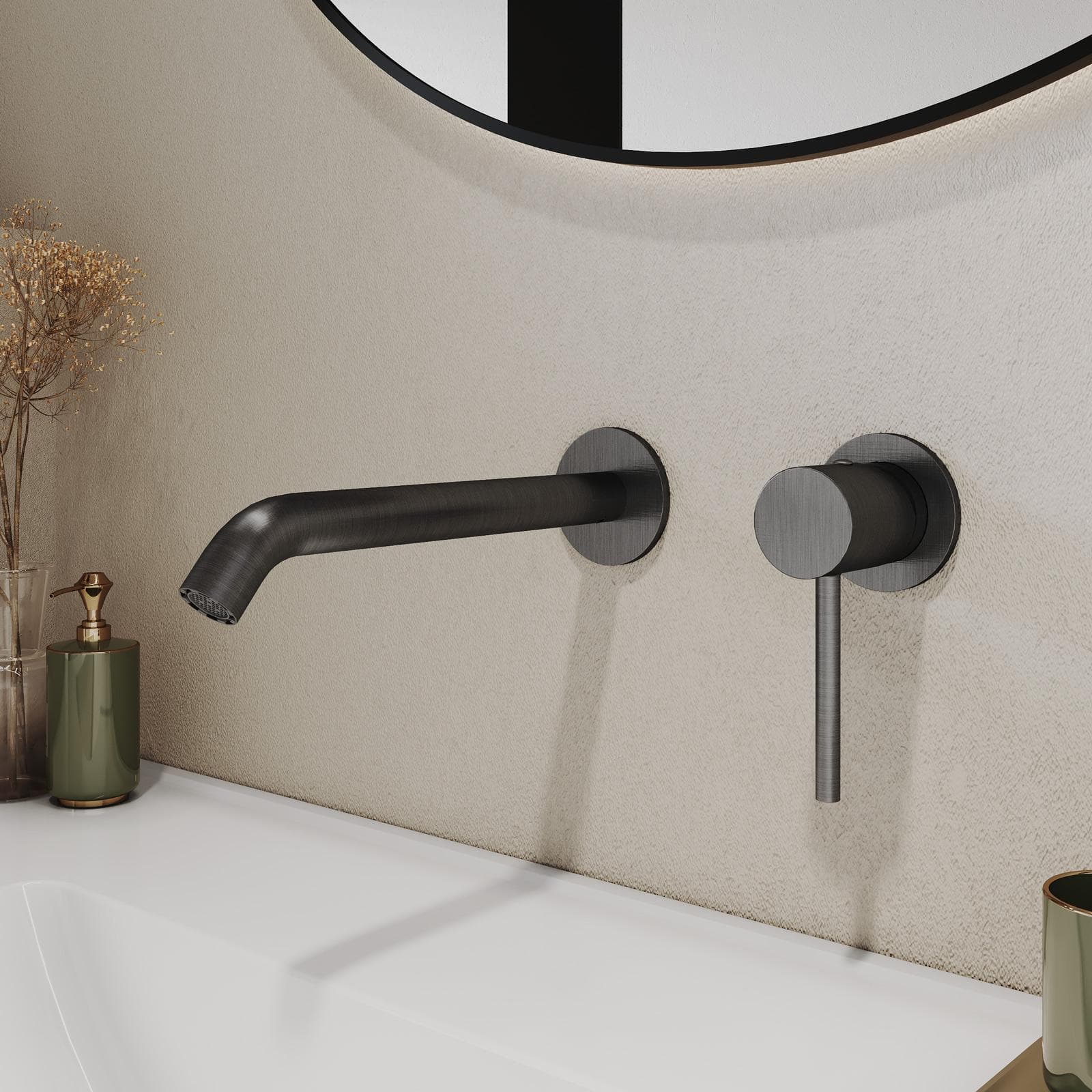 Miscelatore lavabo a muro in ottone nero spazzolato anti-impronta - Oasis