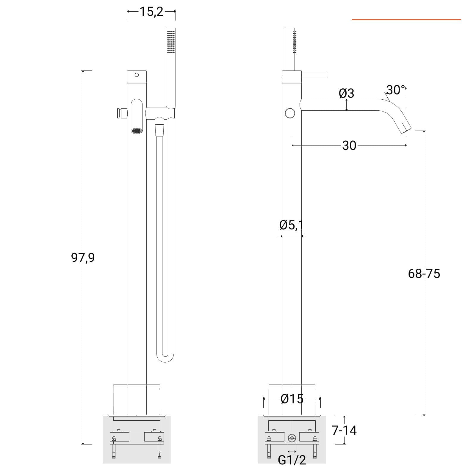 Miscelatore vasca da bagno centro stanza in acciaio inox 316 satinato – Pure