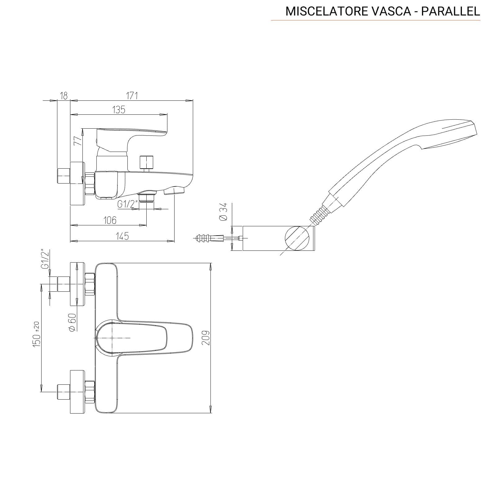 Miscelatore vasca esterno Paini con duplex orientabile in ottone cromato - Parallel