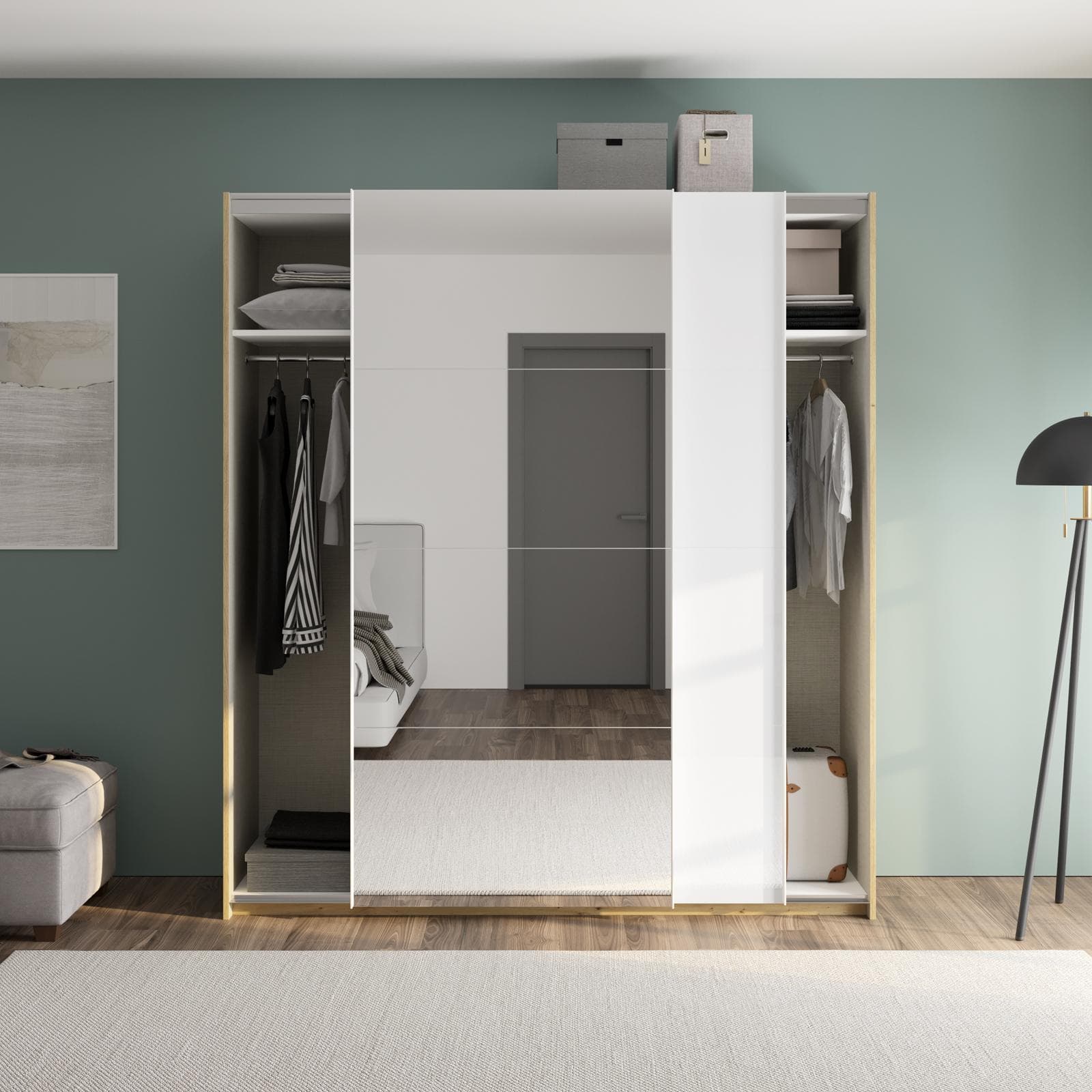 Armadio 200x223h cm con due ante scorrevoli in bianco lucido e rovere con specchio - Alen