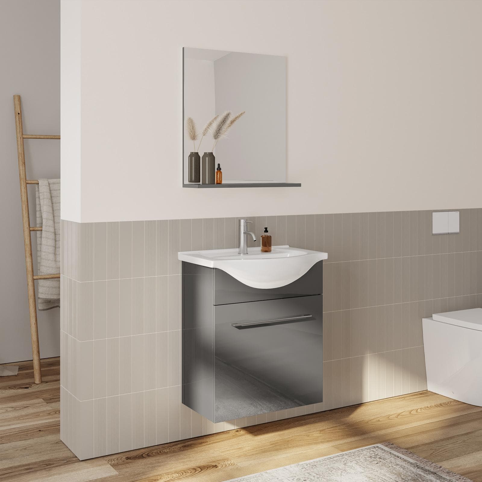 Mobile bagno sospeso 60 cm profondità 42 cm grigio lucido con specchio e mensola - Ready
