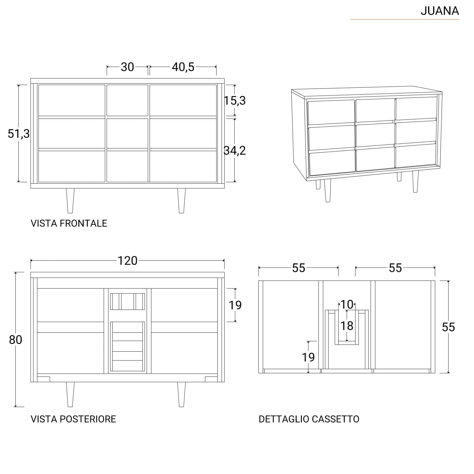 Mobile a terra 120 cm con 2 ante e cassetti in legno di mindi - Juana