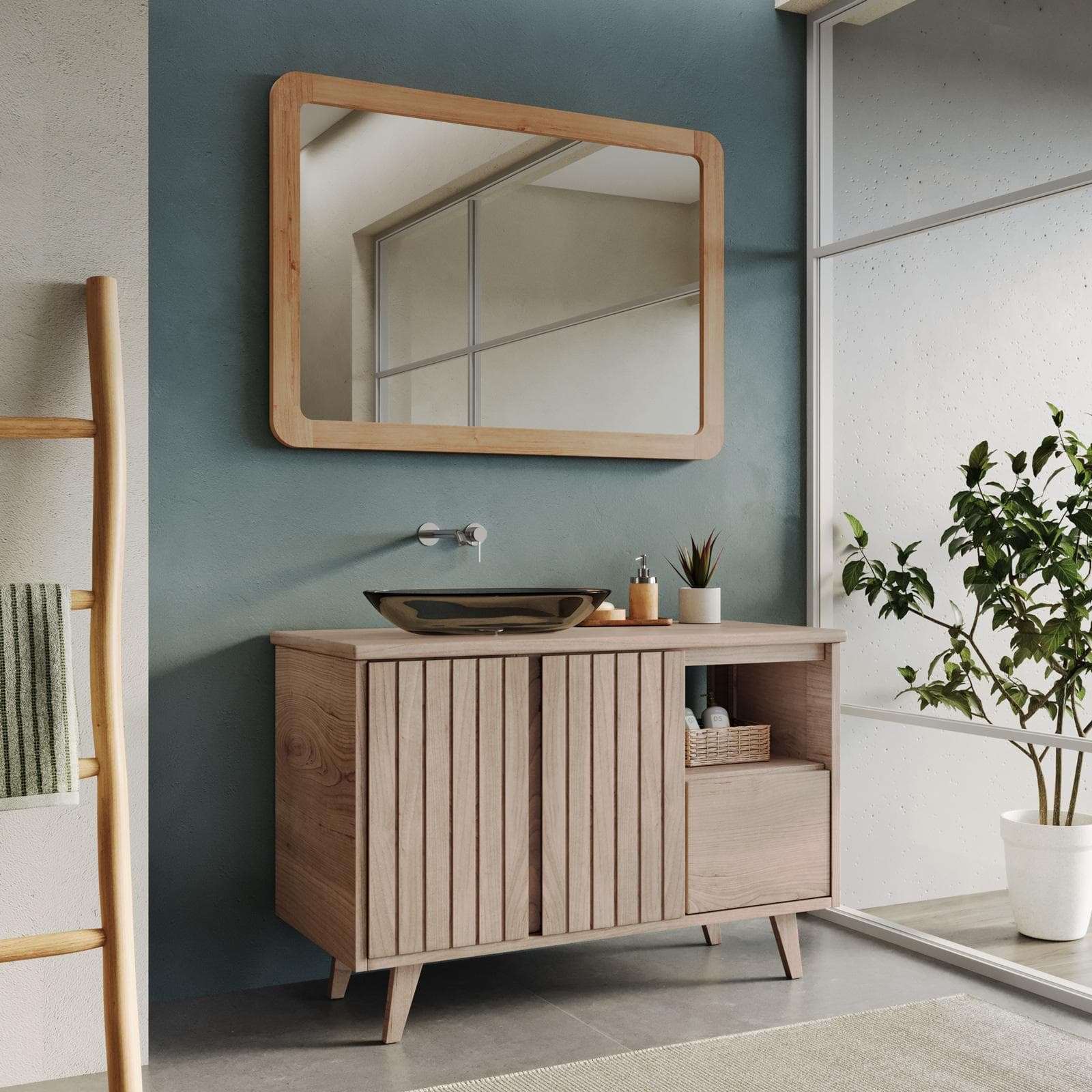 Mobile bagno 120 cm con ante e cassetto in legno di mindi - Vivido