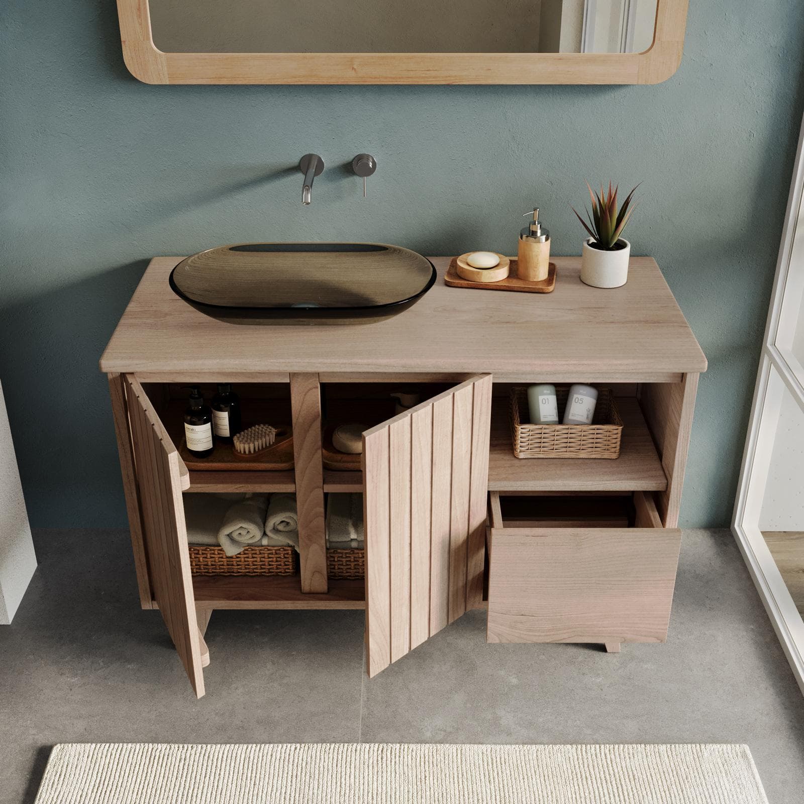 Mobile bagno 120 cm con ante e cassetto in legno di mindi - Vivido