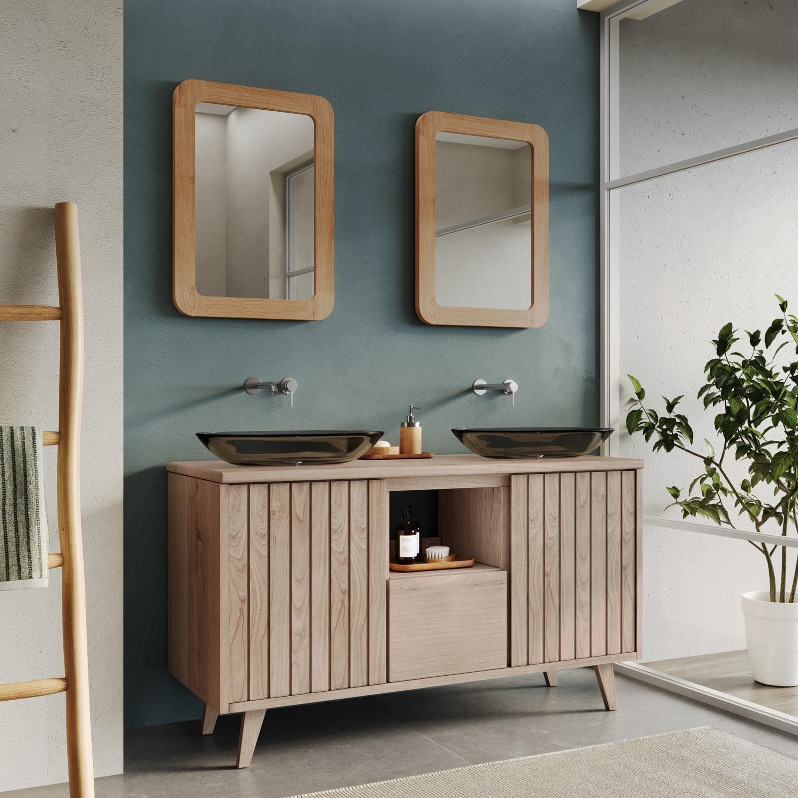 Mobile bagno 140 cm con ante e cassetto in legno di mindi - Vivido
