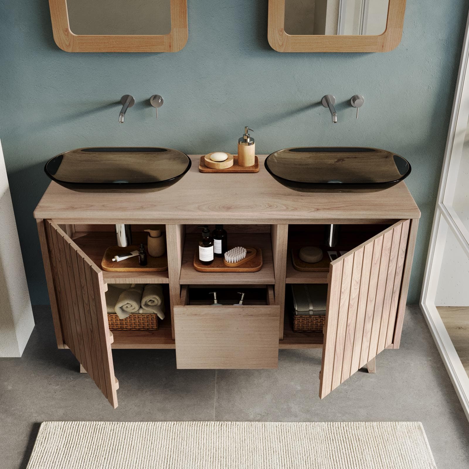 Mobile bagno 140 cm con ante e cassetto in legno di mindi - Vivido