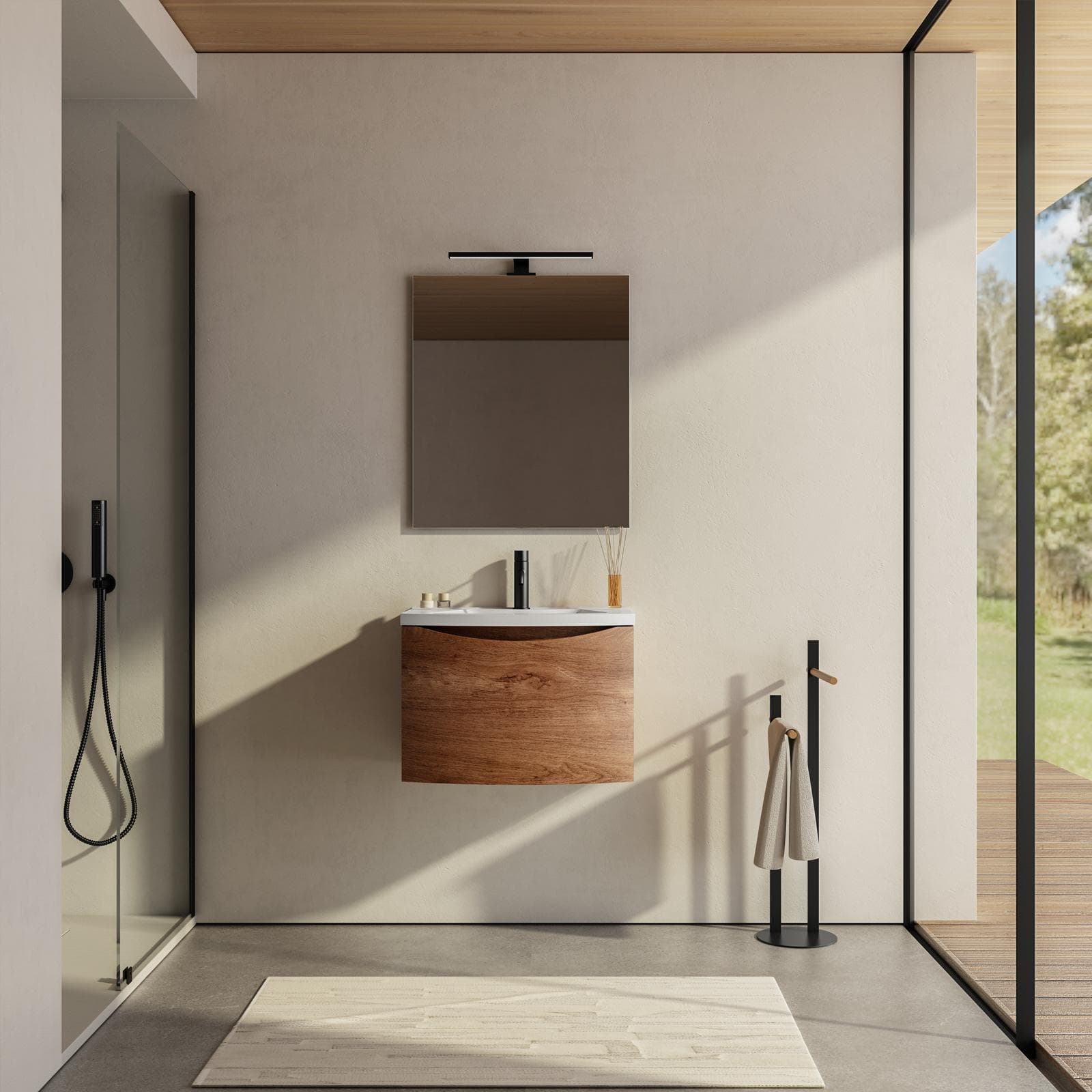 Mobile bagno 60 cm effetto legno di noce con cassetto con lavabo e specchio - Jasmine
