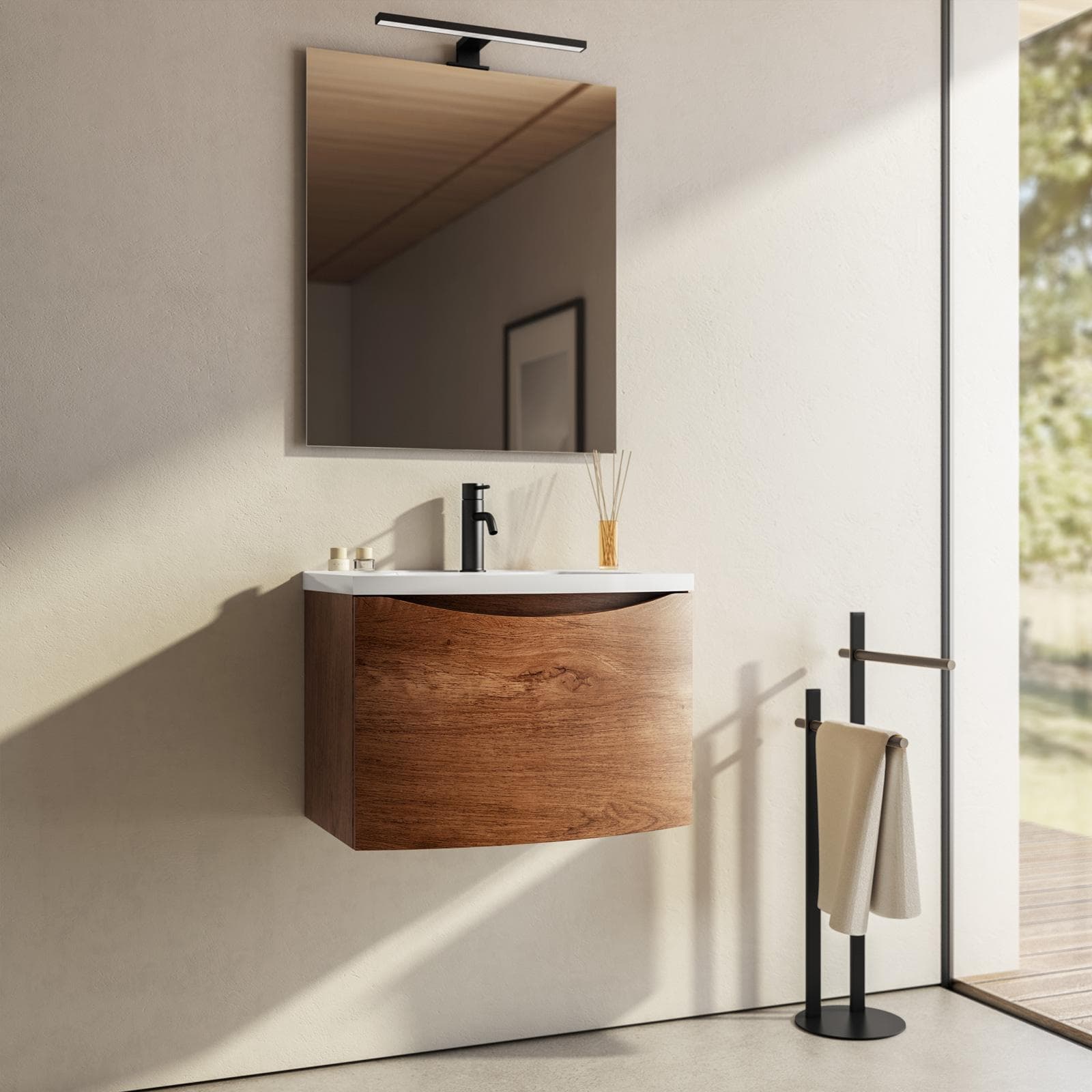Mobile bagno 60 cm effetto legno di noce con cassetto con lavabo e specchio - Jasmine