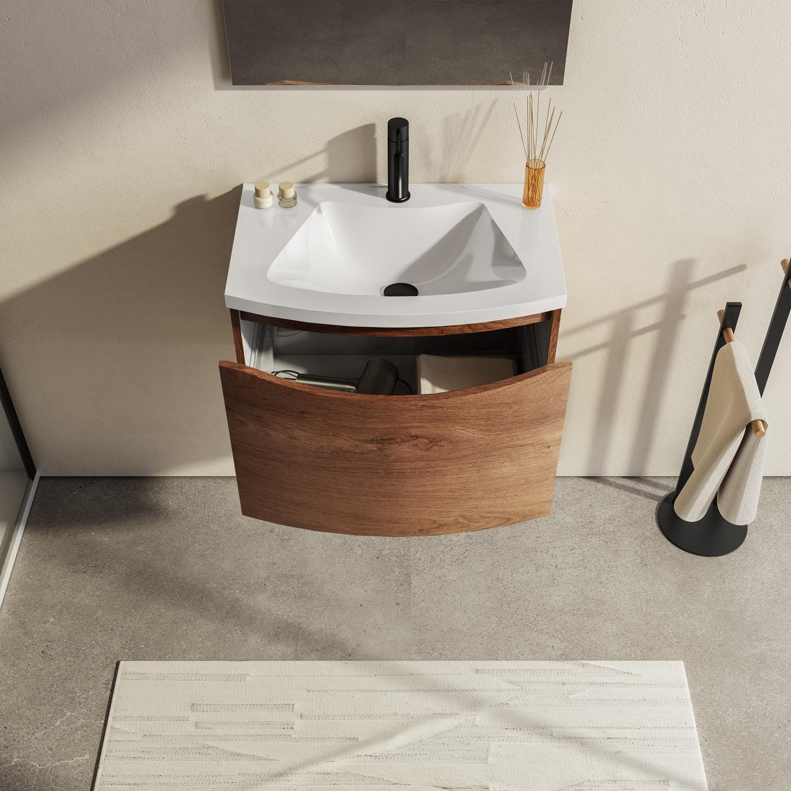 Mobile bagno 60 cm effetto legno di noce con cassetto con lavabo e specchio - Jasmine