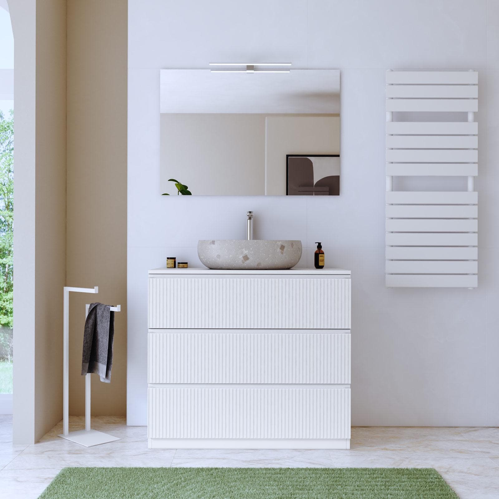 Mobile bagno a terra 100 cm 3 cassetti bianco opaco cannettato con top e specchio - Calen Plus