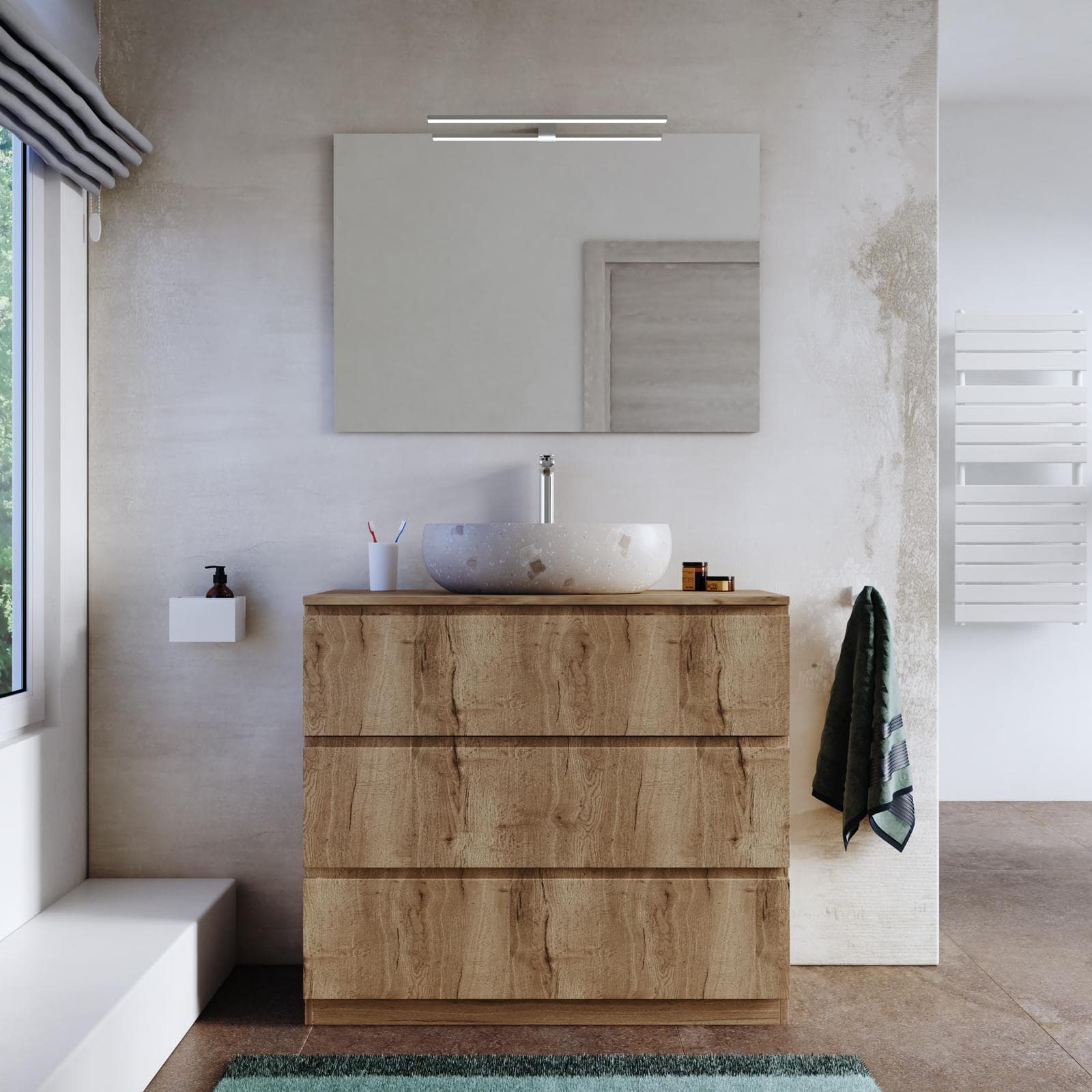 Mobile bagno a terra 100 cm 3 cassetti rovere america con top e specchio - Calen