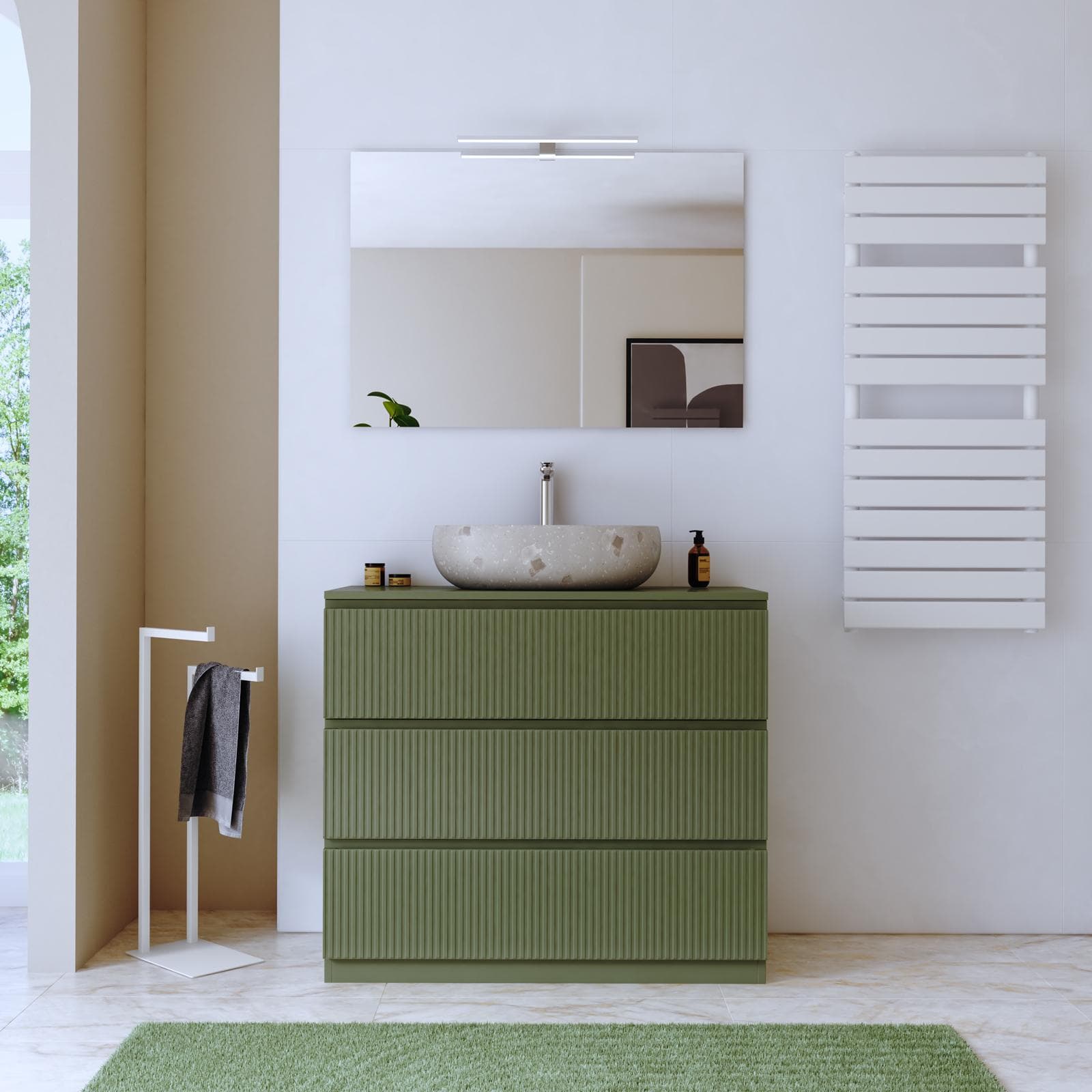 Mobile bagno a terra 100 cm 3 cassetti verde nordico cannettato con top e specchio - Calen Plus