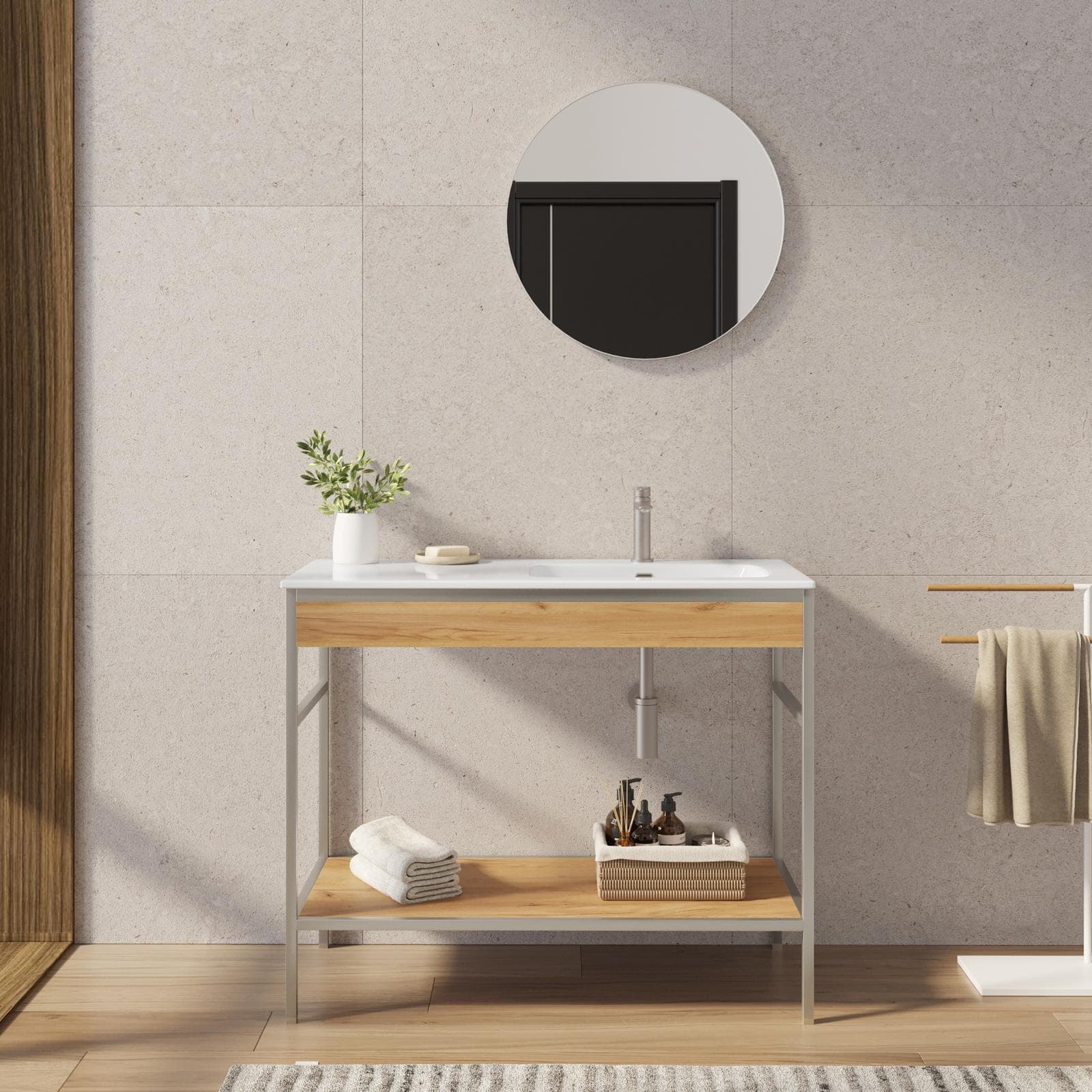 Mobile bagno a terra 100 cm acciaio inox satinato e rovere con lavabo integrato dx e specchio - Axis