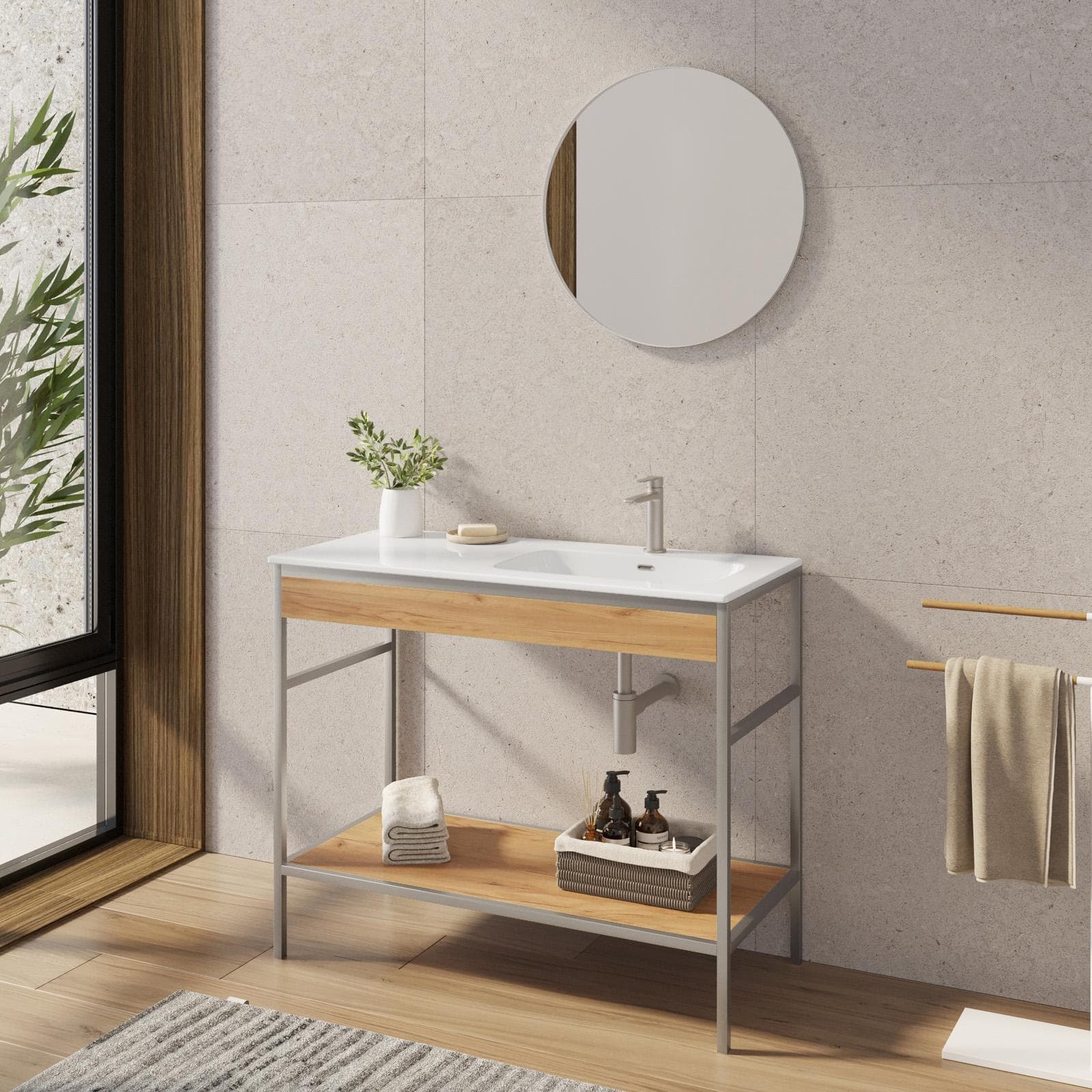 Mobile bagno a terra 100 cm acciaio inox satinato e rovere con lavabo integrato dx e specchio - Axis