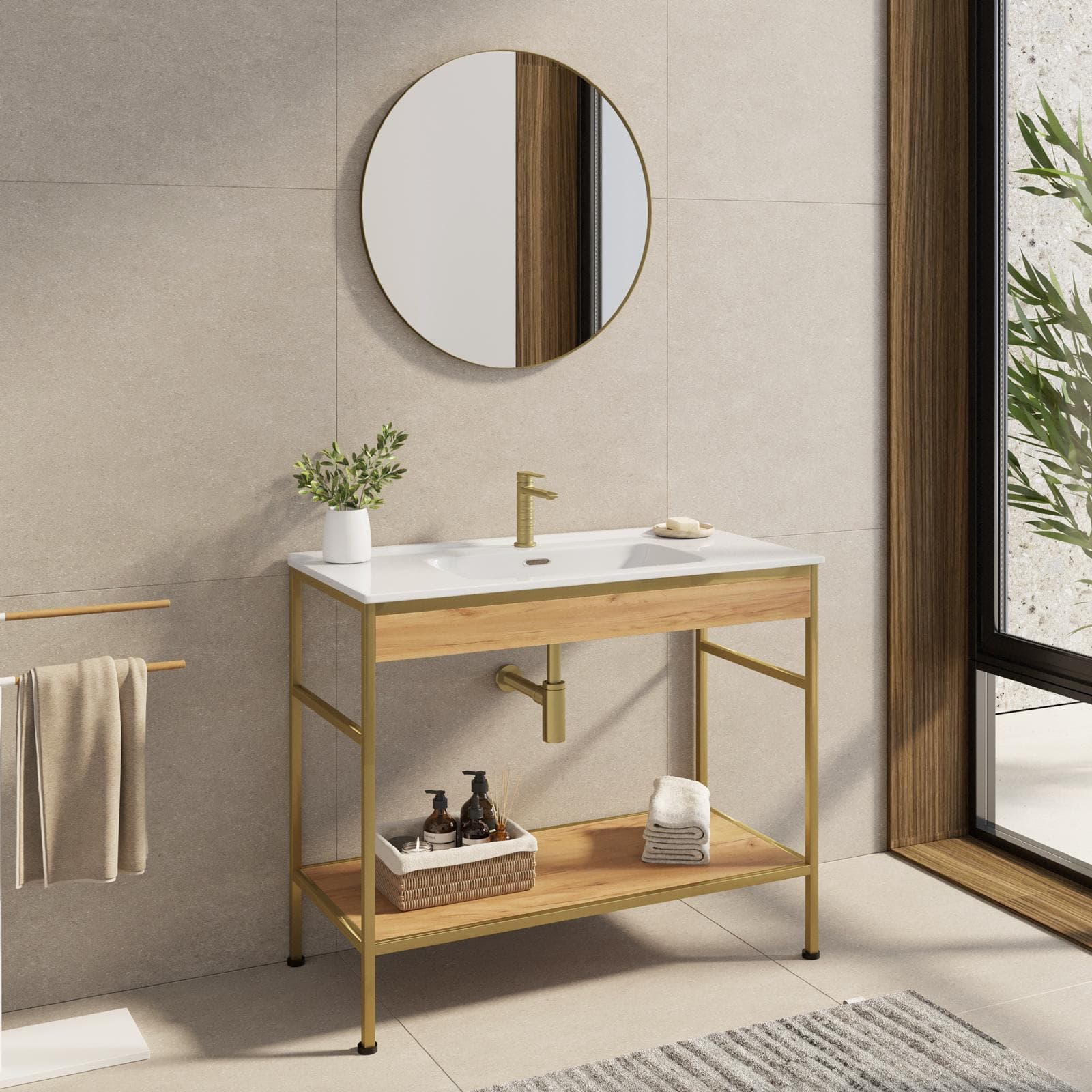 Mobile bagno a terra 100 cm oro spazzolato e rovere con lavabo integrato e specchio - Axis