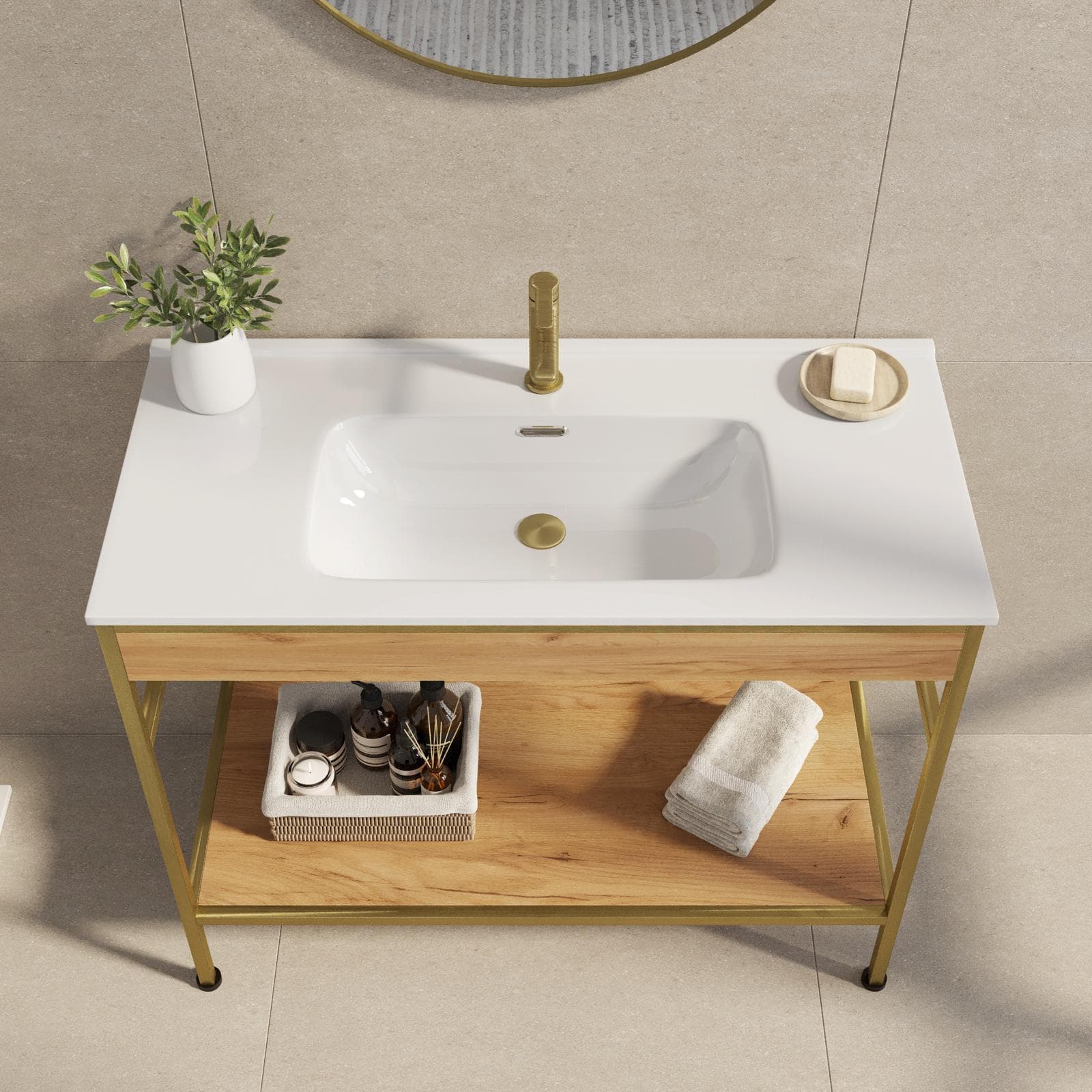 Mobile bagno a terra 100 cm oro spazzolato e rovere con lavabo integrato e specchio - Axis