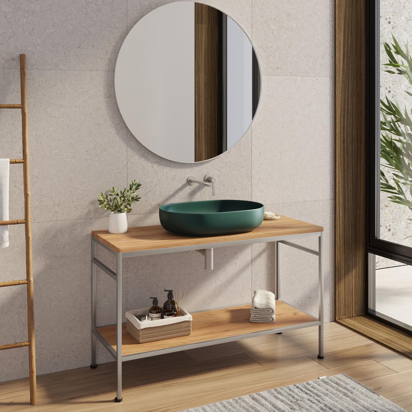 Mobile bagno a terra 120 cm portalavabo acciaio inox satinato e rovere con specchio - Axis