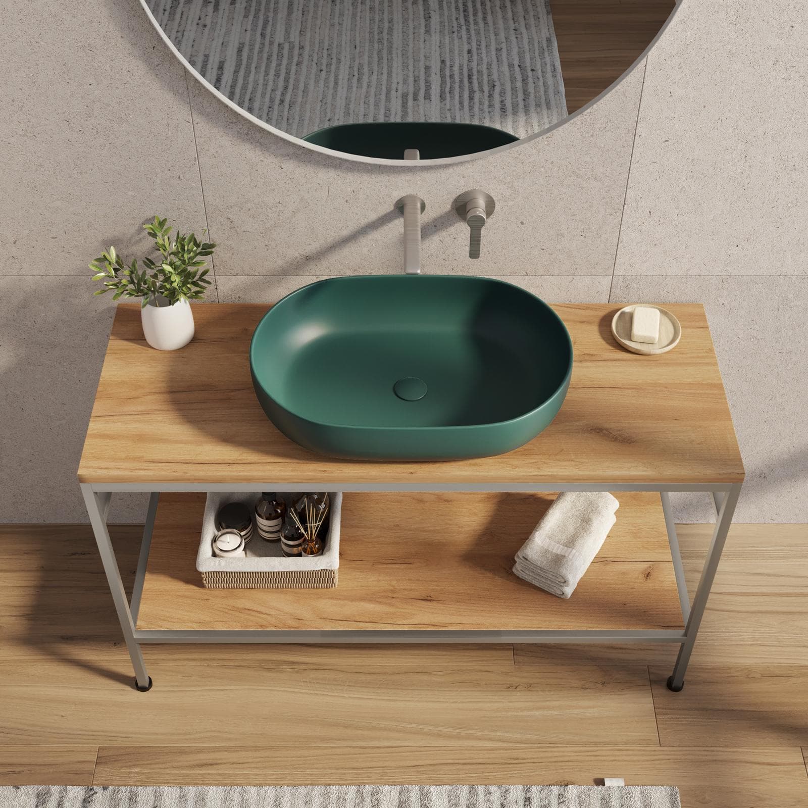 Mobile bagno a terra 120 cm portalavabo acciaio inox satinato e rovere con specchio - Axis